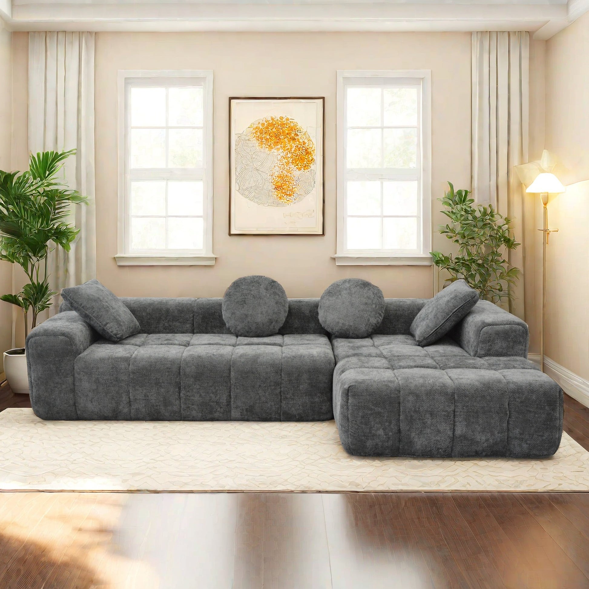 L Shaped Modular Modern Compressed Gray Sofa,Comfy Corduroy Fluffy Couch With Deep Seat,No Assembly Required Couch For Living Room Gray Linen Wood Primary Living Space Soft Cushion Back Extra Heavy