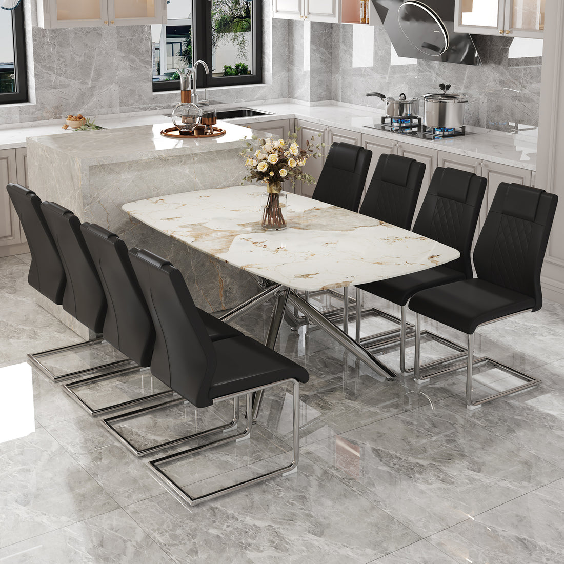 Table And Chair Set.Modern Luxurious White Marble Patterned Tempered Glass Dining Table With 8 Chairs.Single Fork Silver Metal Table Legs.Black Pu Dining Chairs With Silver Metal Legs. Black,Silver