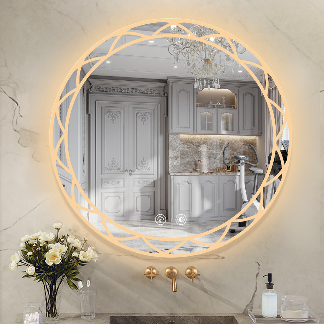 36" Round Led Bathroom Mirror Adjustable Color Temperatures And Anti Fog, Wall Mounted Design White Black Aluminium,Tempered Glass