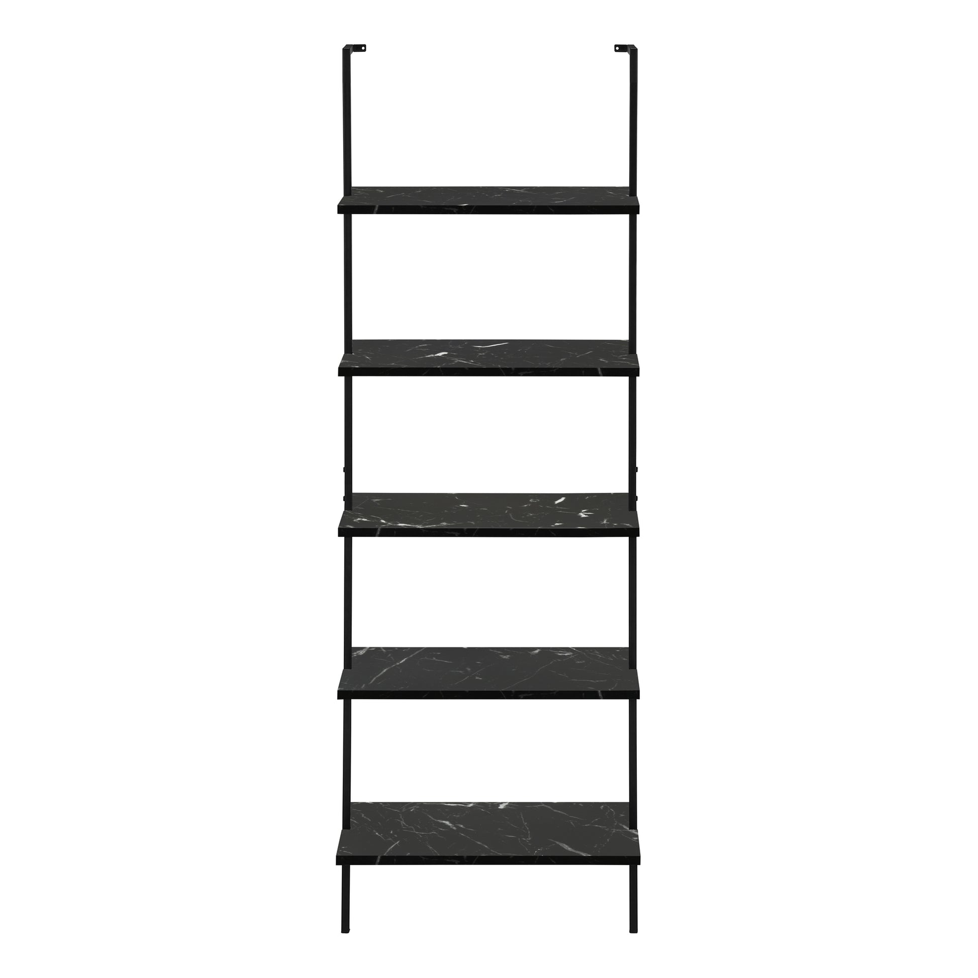 Bookshelf, Bookcase, Etagere, Ladder, 5 Tier, 72"H, Office, Bedroom, Black Marble Look Laminate, Black Metal, Contemporary, Modern Black Metal