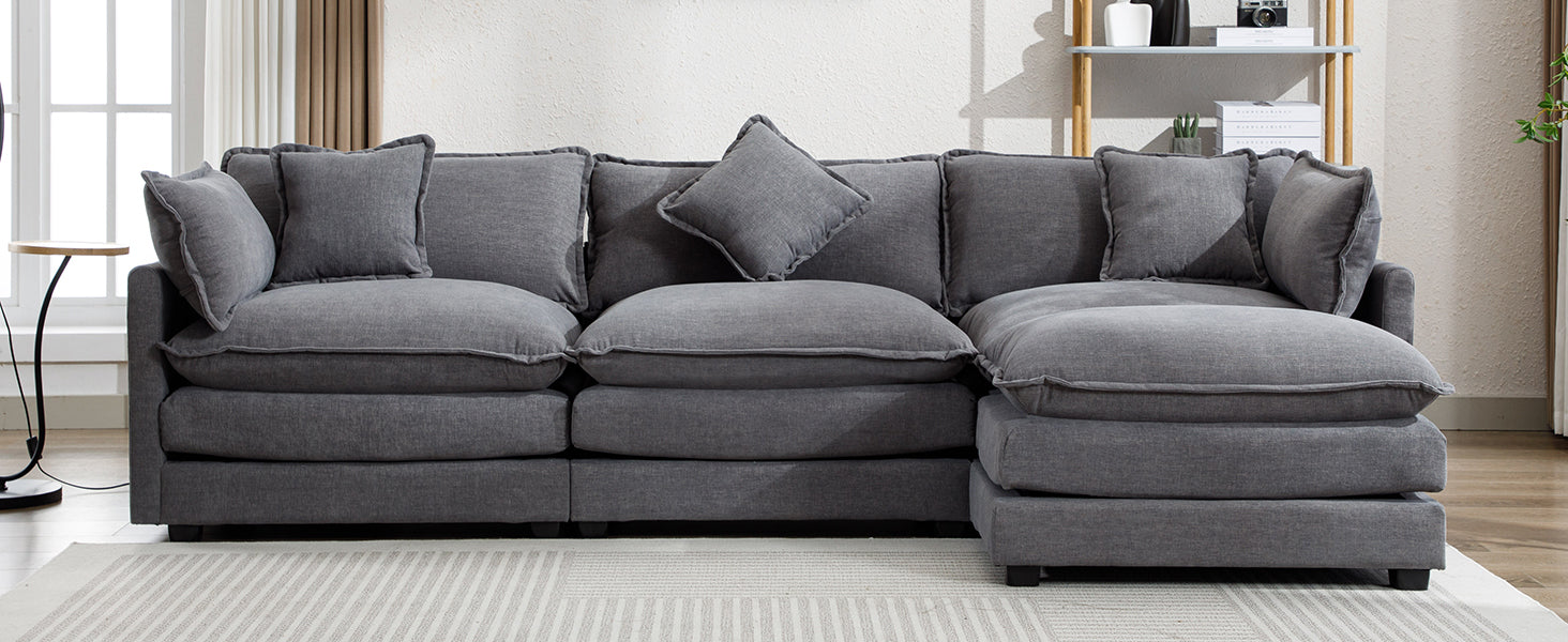 112.2" L Shape Chenille Upholstered Sofa For Living Room Modern Luxury Sofa Couch With Ottoman, 5 Pillows, Gray Gray Foam 4 Seat