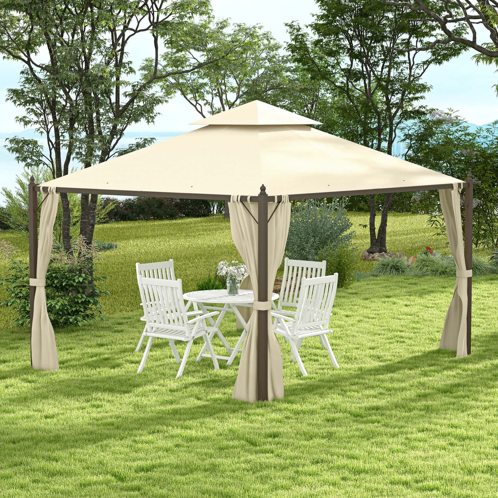 Outsunny 10' X 12' Steel Outdoor Patio Gazebo With Polyester Privacy Curtains, Two Tier Roof For Air, Large Design Beige Steel