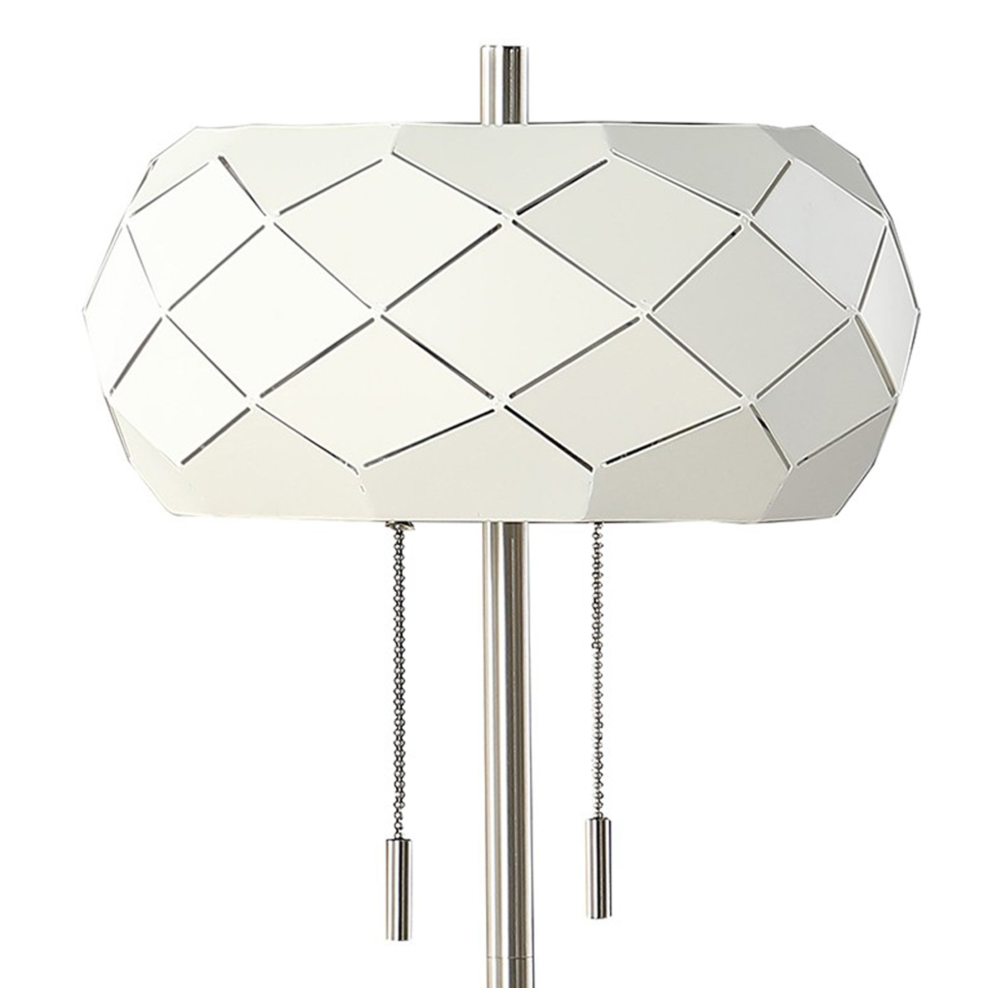 28 Inch Accent Table Lamp, Geometric Drum Shade, Metal Base, White, Silver Silver White Metal