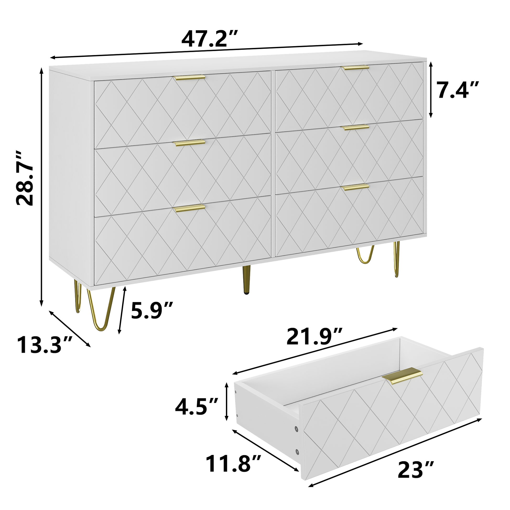 Modern White 6 Drawers For Bedroom,Big Size Wooden Drawers With Gold Handles, Chest Dresser With Deep Drawers For Living Room White Mdf