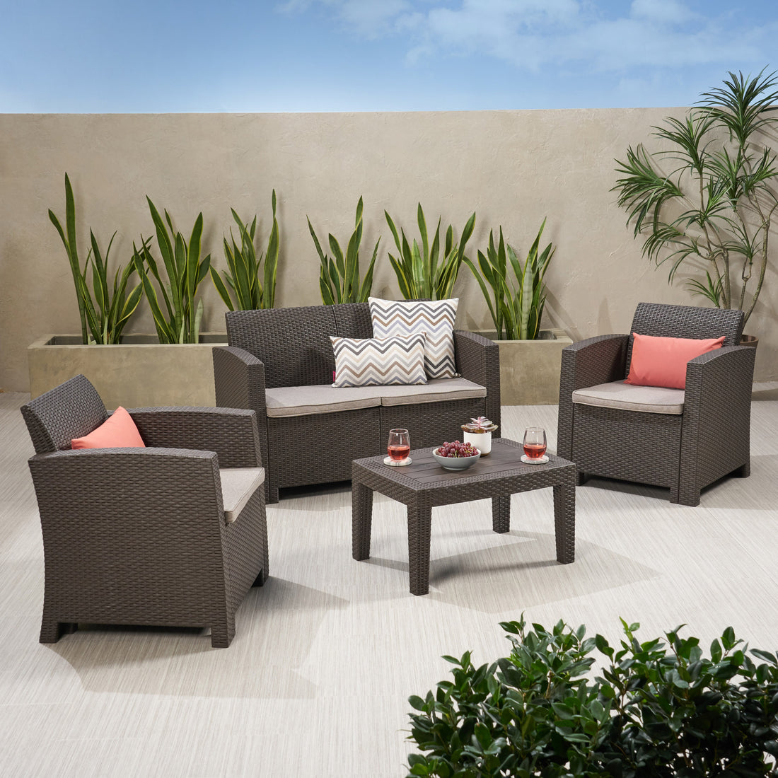 Outdoor Faux Wicker Rattan Style Chat Set With Water Resistant Cushions, 4 Pcs Set, Brown Mix Beige Brown Beige Fabric