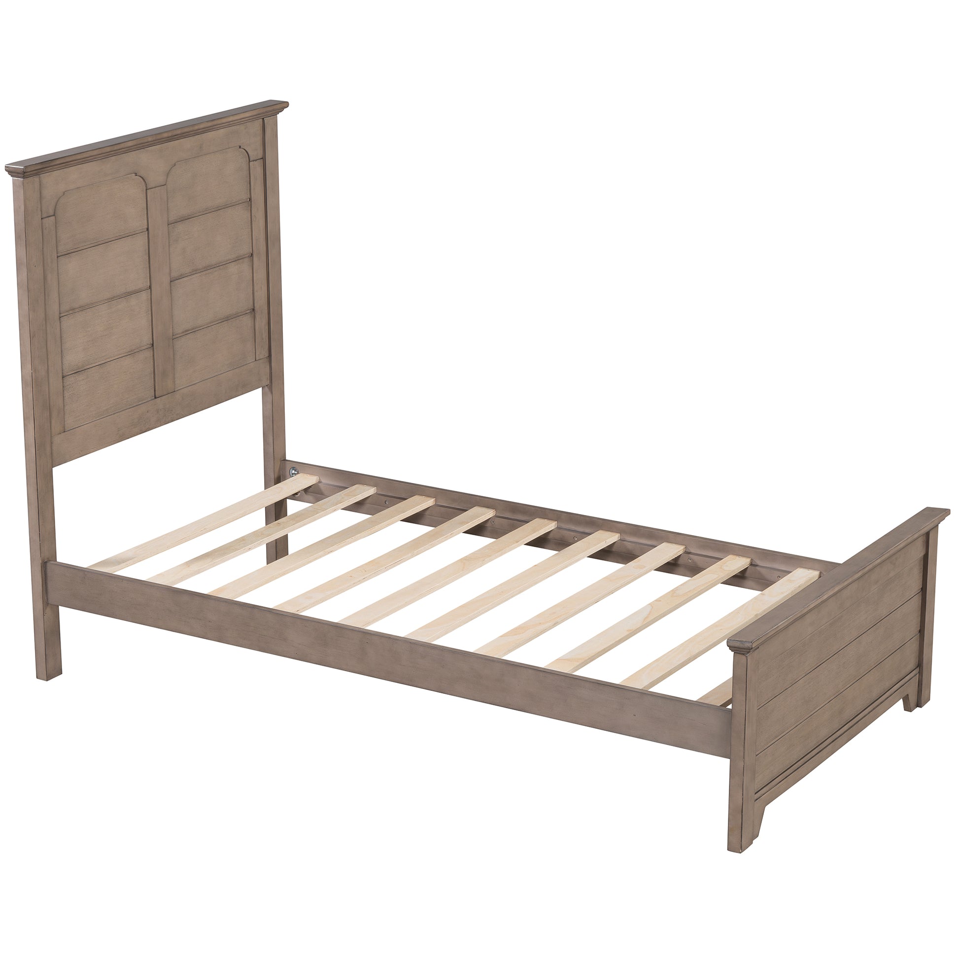 Farmhouse Wooden Platform Twin Size Bed With Panel Design Headboard And Footboard For Teenager, Ash Brown Twin Ash Brown Pine