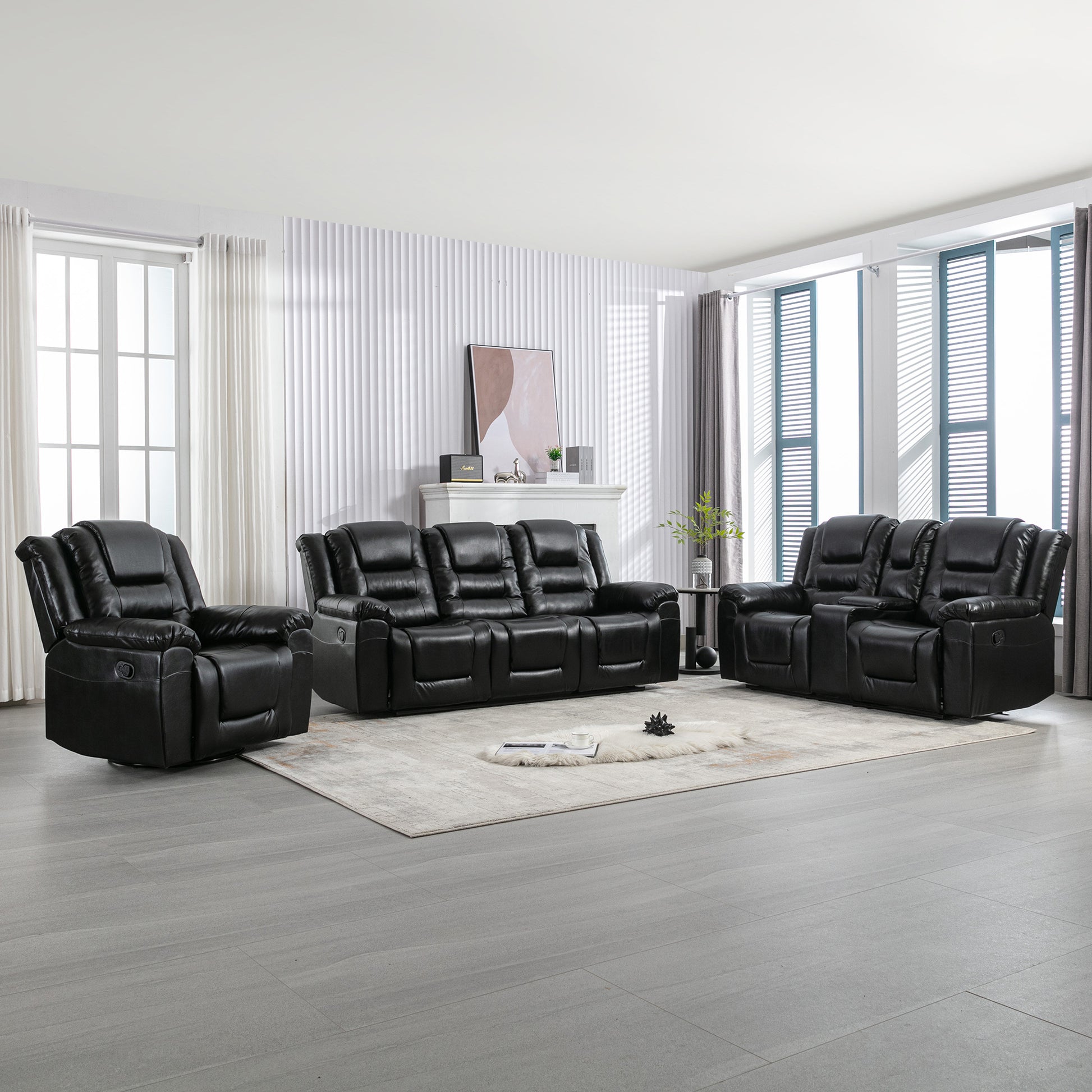 Home Theater Recliner Set Manual Recliner Chair With Wide Armrest, Two Built In Cup Holders For Living Room,Bedroom, Black Old Sku:Sg000760Aab Black Foam Pu Leather