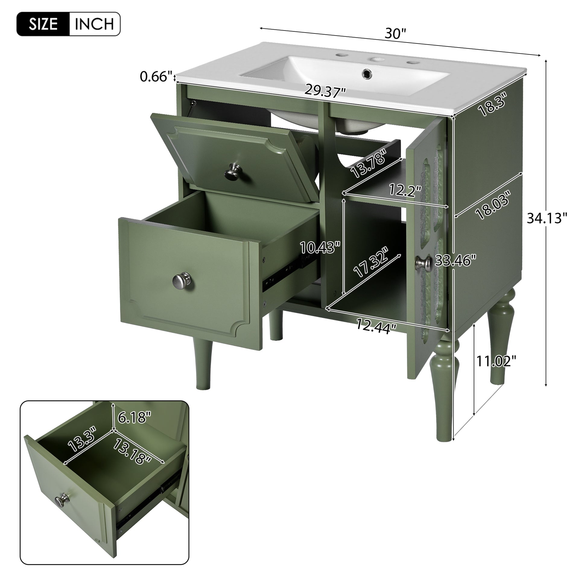 Retro Style 30'' Bathroom Vanity With Resin Sink Combo, Freestanding Single Vanity With 2 Drawers, Solid Wood Frame Bathroom Storage Cabinet, Green Green Bathroom Retro Solid Wood Mdf Resin