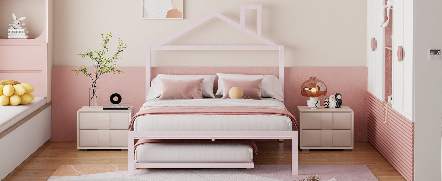 Full Size Metal Platform Bed With Twin Size Trundle,House Shaped Headboard Design, Pink Full Pink Metal
