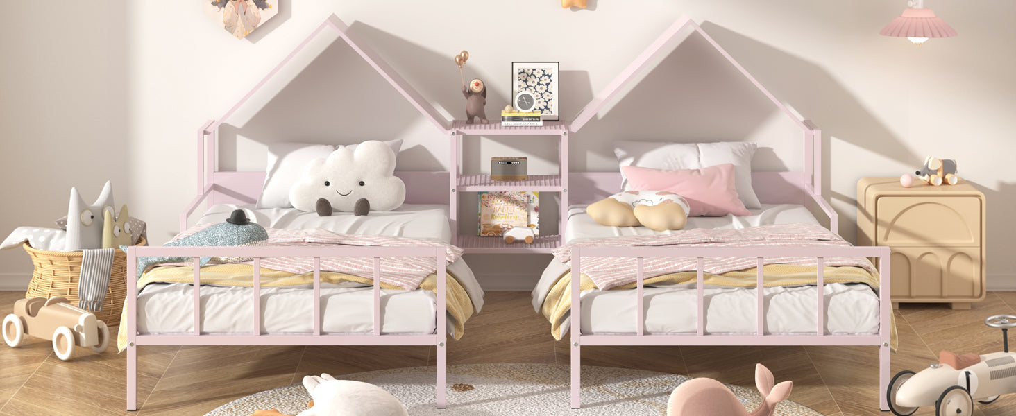 Metal Double Twin Size Platform Bed With House Shaped Headboard And A Built In Nightstand, Pink Box Spring Not Required Twin Pink Metal Metal