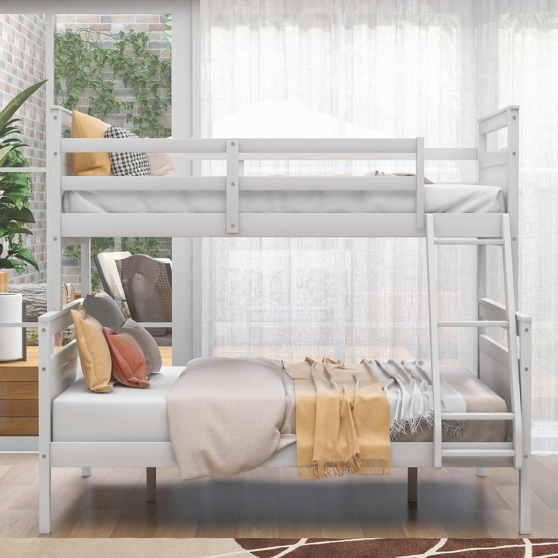 Twin Over Full Bunk Bed With Ladder, Safety Guardrail, Perfect For Bedroom, White Old Sku: Sm000118Aak 1 Twin Box Spring Not Required White Wood Bedroom Bunk Pine