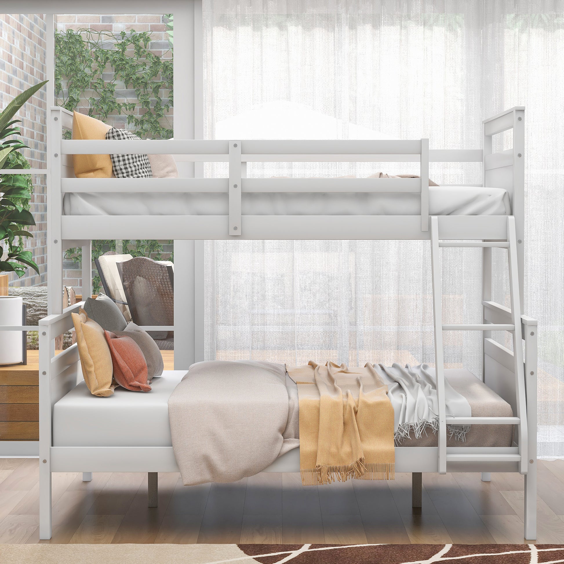 Twin Over Full Bunk Bed With Ladder, Safety Guardrail, Perfect For Bedroom, White Old Sku: Sm000118Aak 1 Twin Box Spring Not Required White Wood Bedroom Bunk Pine
