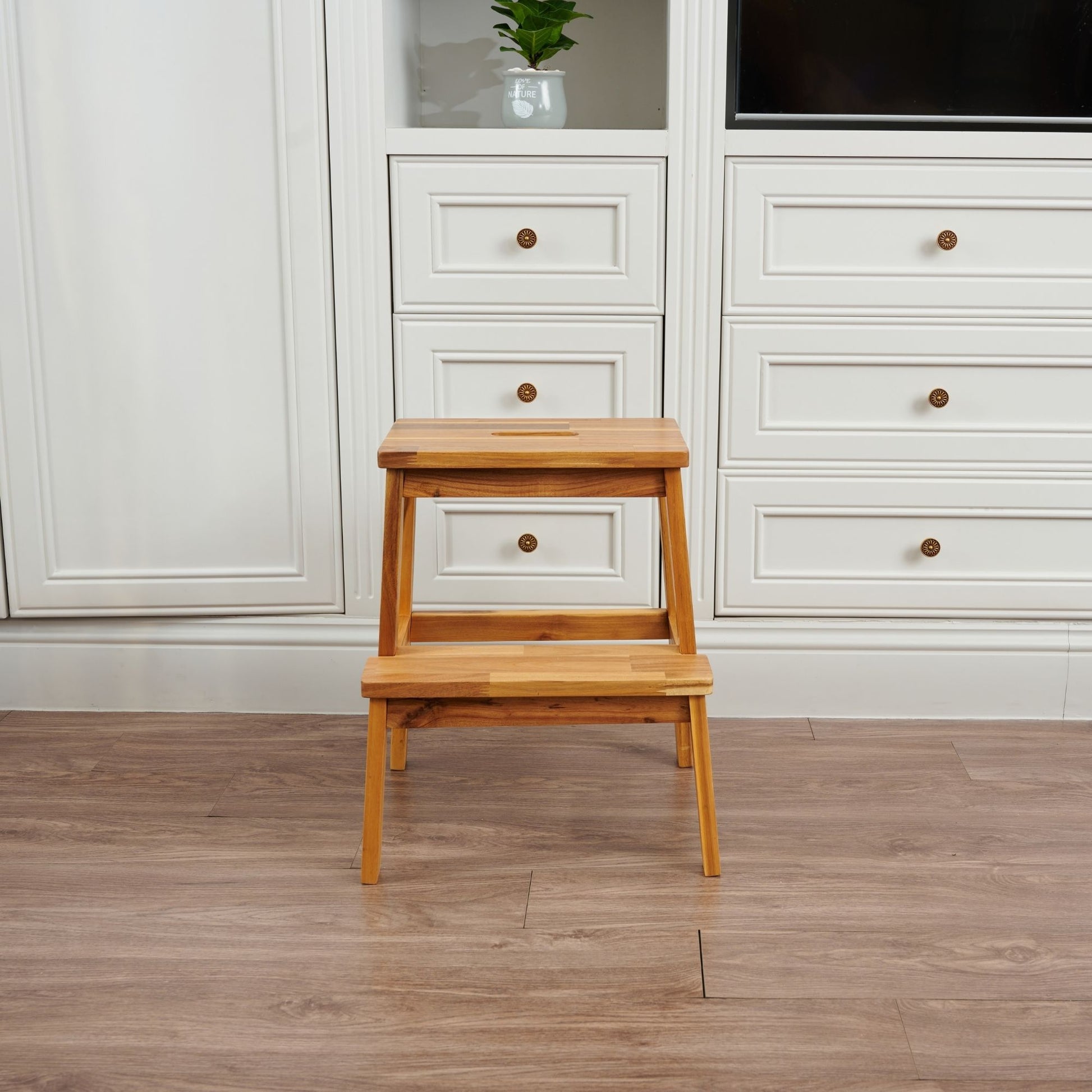 Acacia Wood Two Steps Stool Small Size Rectangle Acacia Wood Light Brown Primary Living Space American Design Acacia Wood