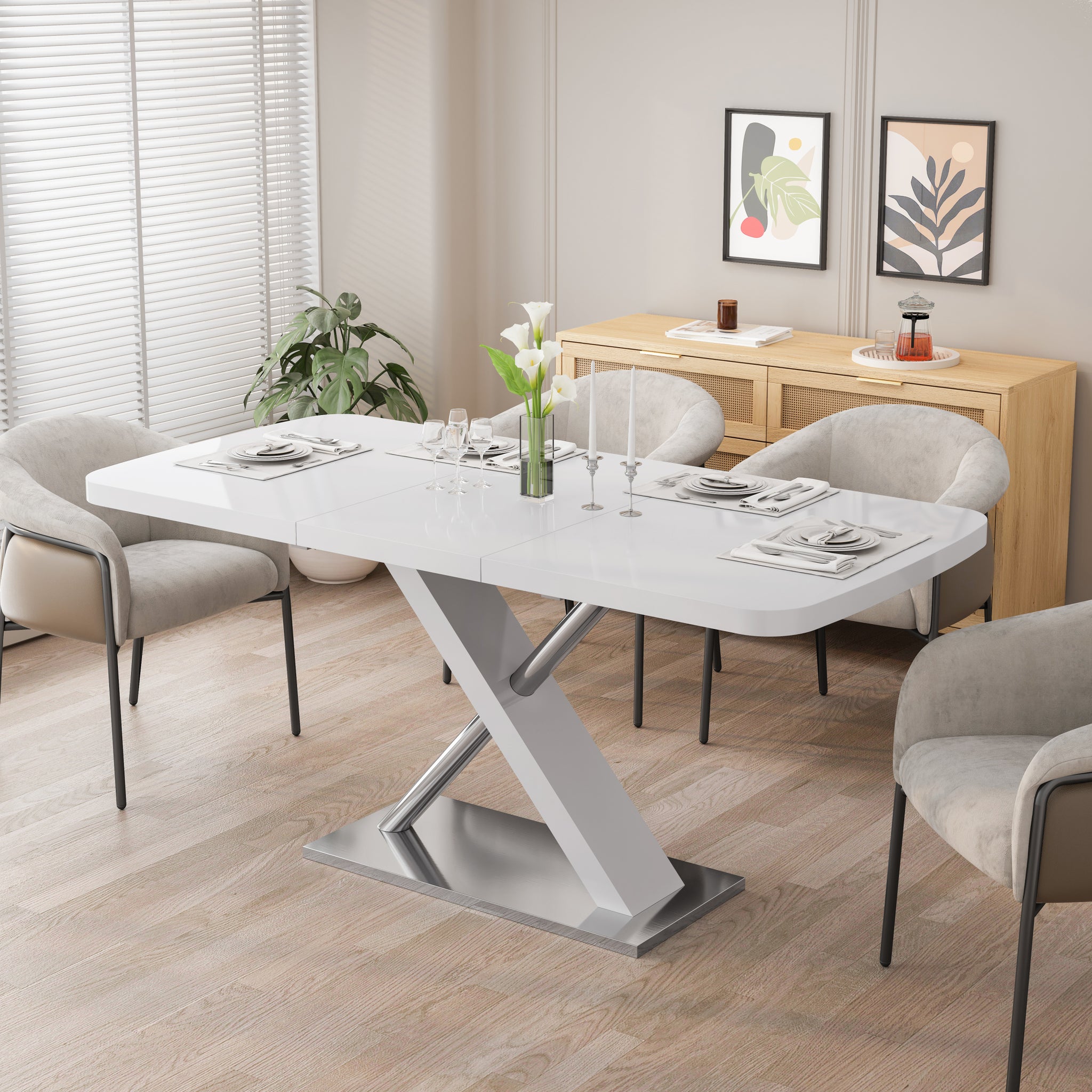 47.25'' 63'' Modern White Glossy Dining Table For 4 6 People, Extendable Dining Table With Crossed Metal Base And Stainless Steel Tubes, Large Dining Table White White Mdf Steel