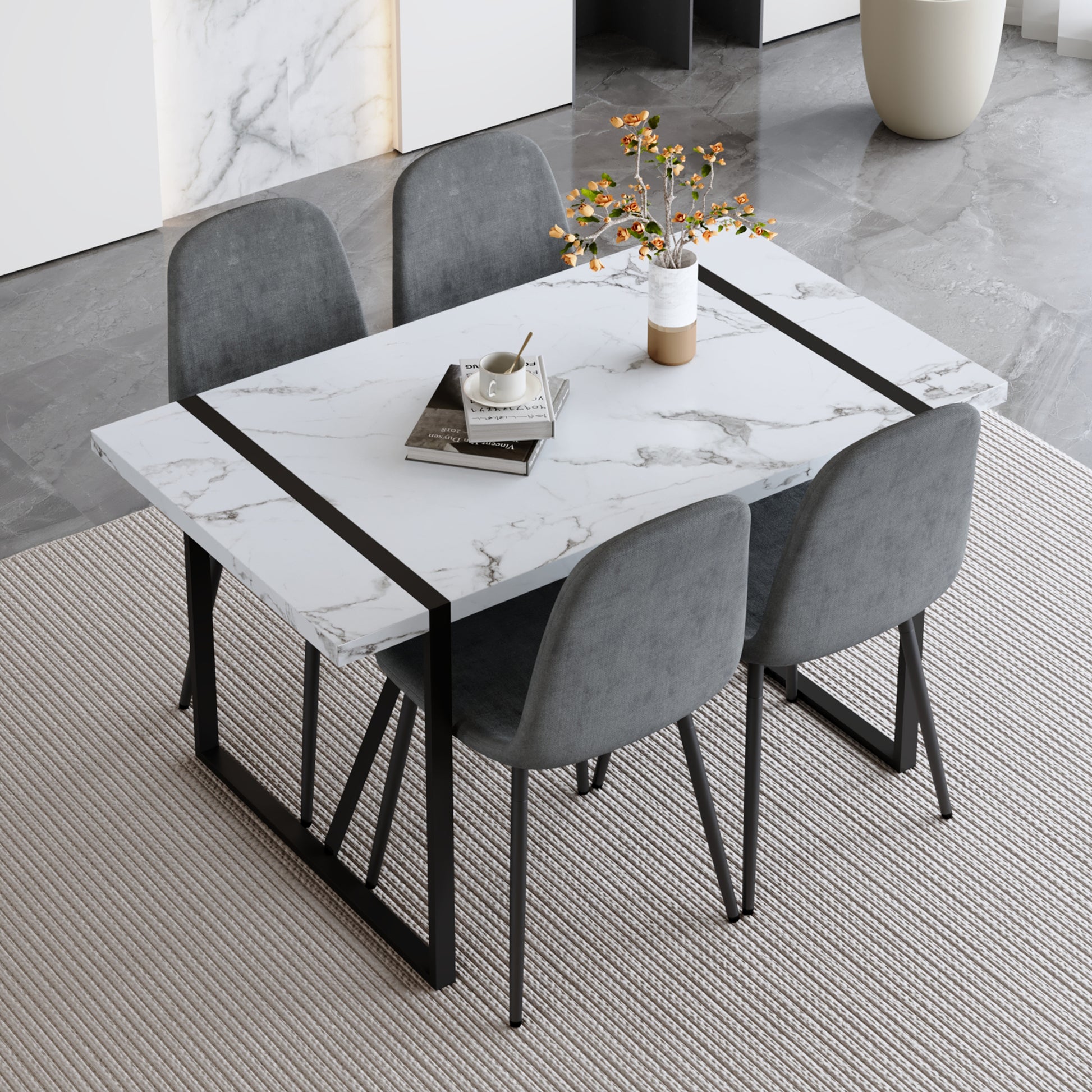 Table And Chair Set.A Modern Minimalist White Marble Veined Mdf Dining Table With Metal Frame.Paired With 4 Dark Gray Dining Chairs With Fabric Cushion And Black Metal Legs. Dark Gray,White Seats 4