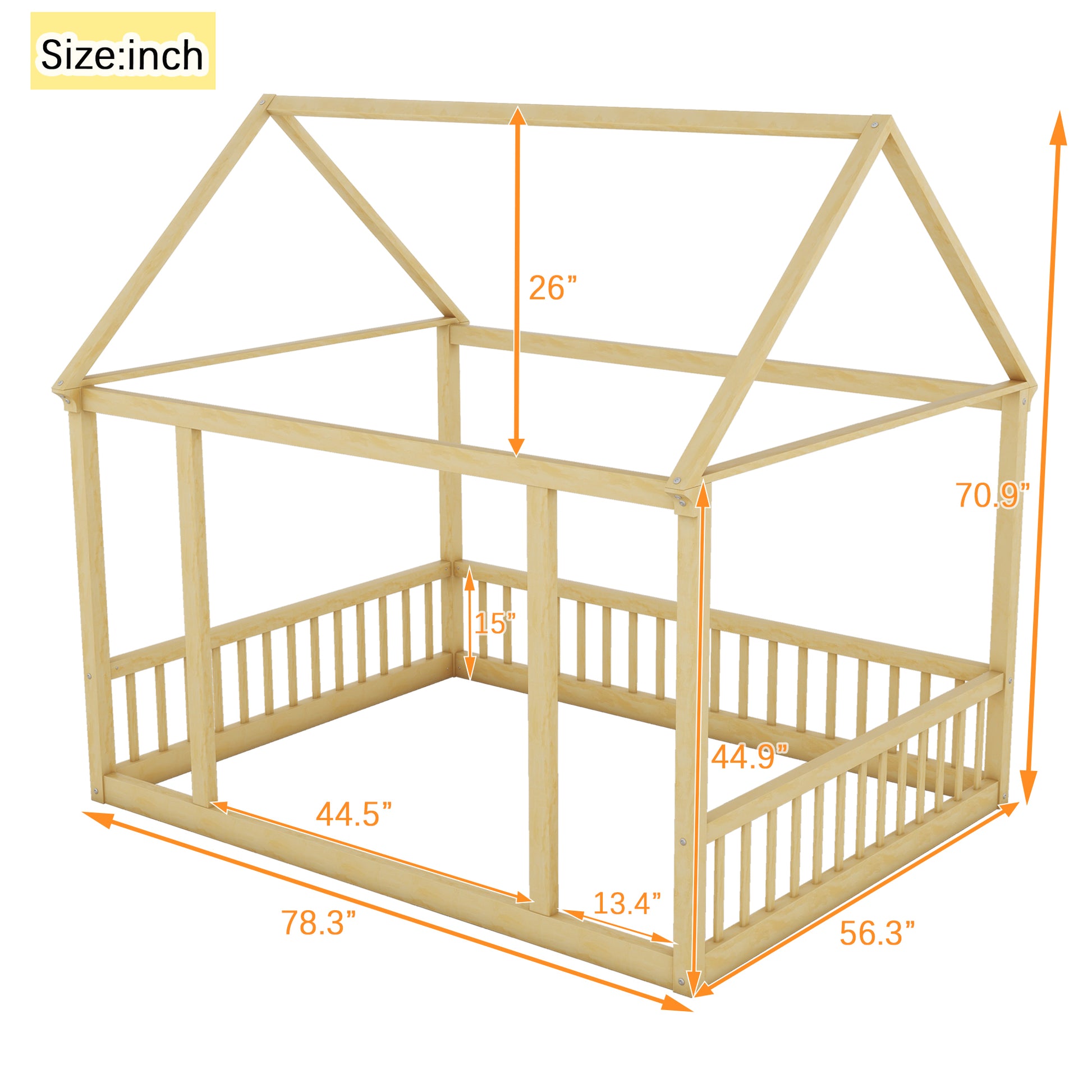 Full Size Floor Wooden Bed With House Roof Frame And Safety Guardrails ,Natural Full Natural Pine