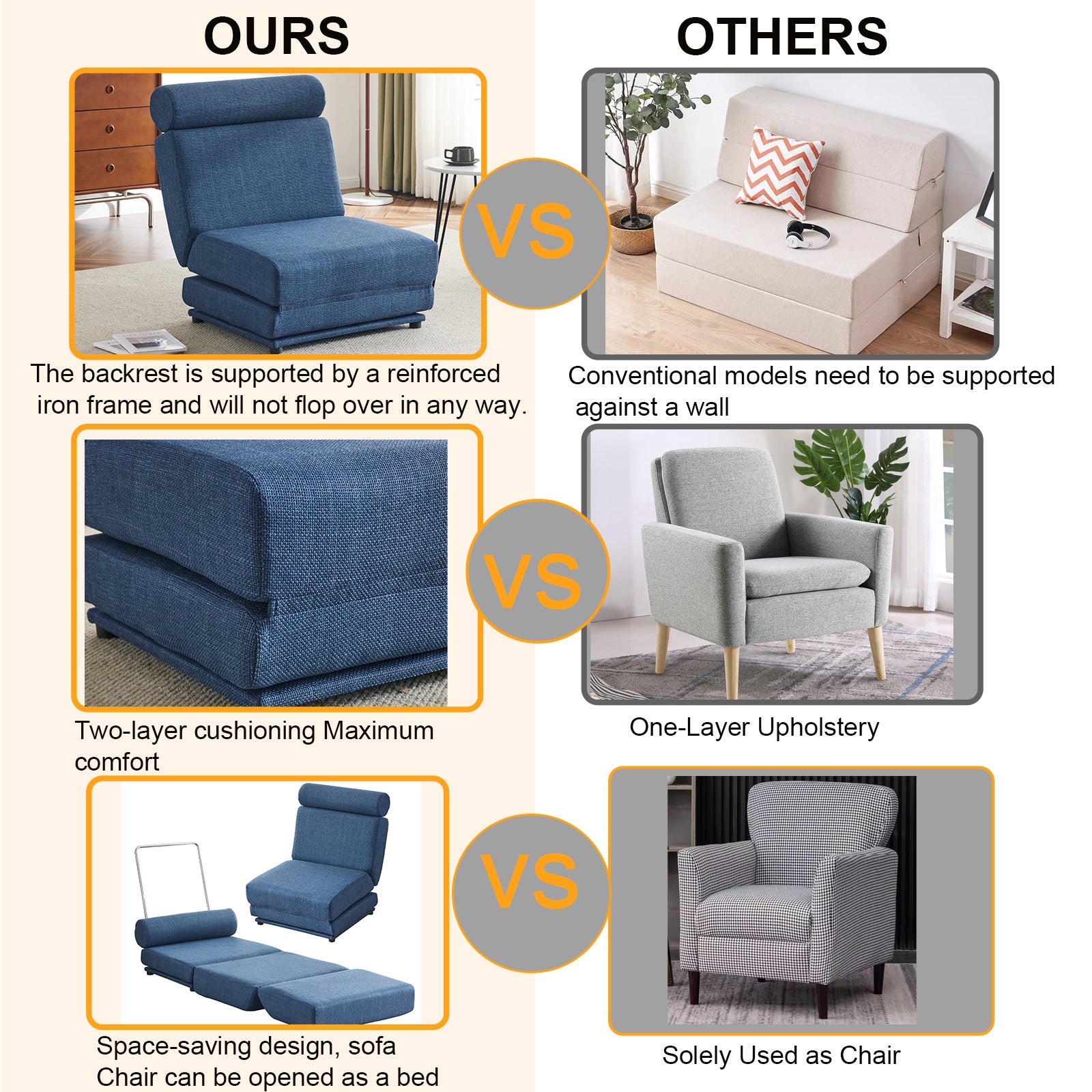 Single Sofa Chair Foldable Single Sofa Bed With Pillow,Portable Foldable Sofa Bed,Leisure Sofa Chair,Easy To Store,Made Ofand Wearable Linen Blue Modern Foam Linen