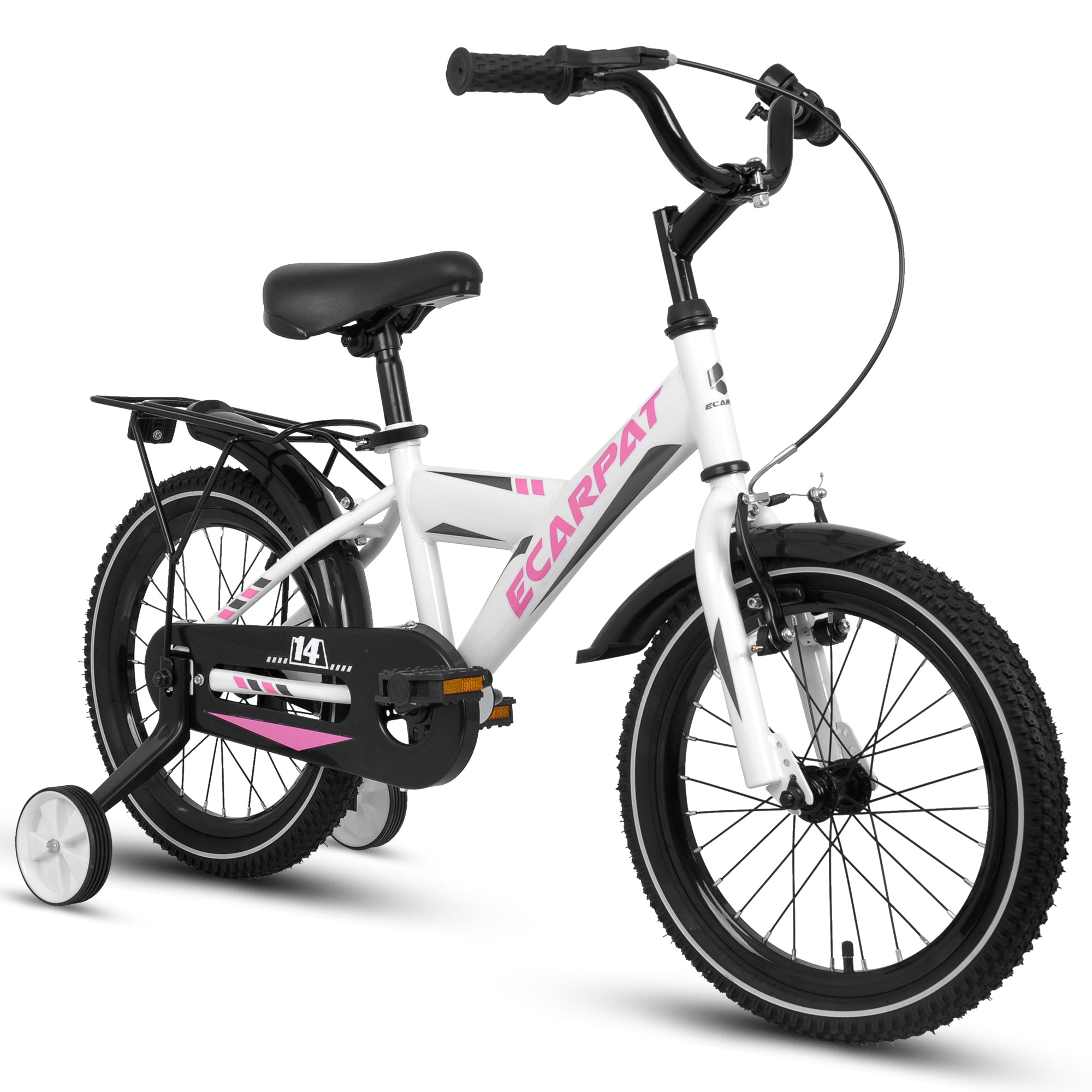 A14115 Kids Bike 14 Inch For Boys & Girls With Training Wheels, Freestyle Kids' Bicycle With Fender And Carrier. White Steel