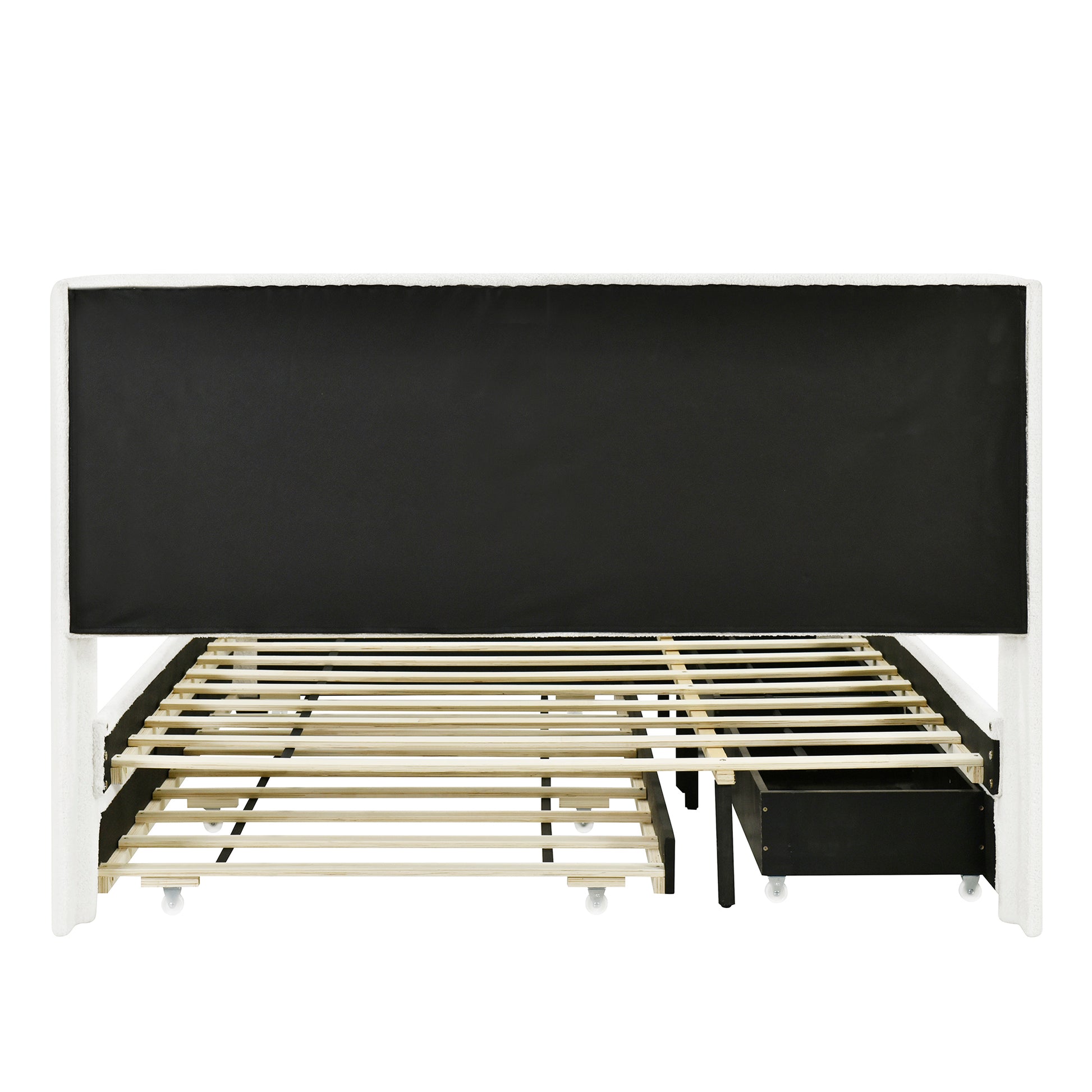 Queen Size Upholstered Platform Bed With Led Frame, With Twin Xl Size Trundle And 2 Drawers, Teddy Fleece, White White Fleece