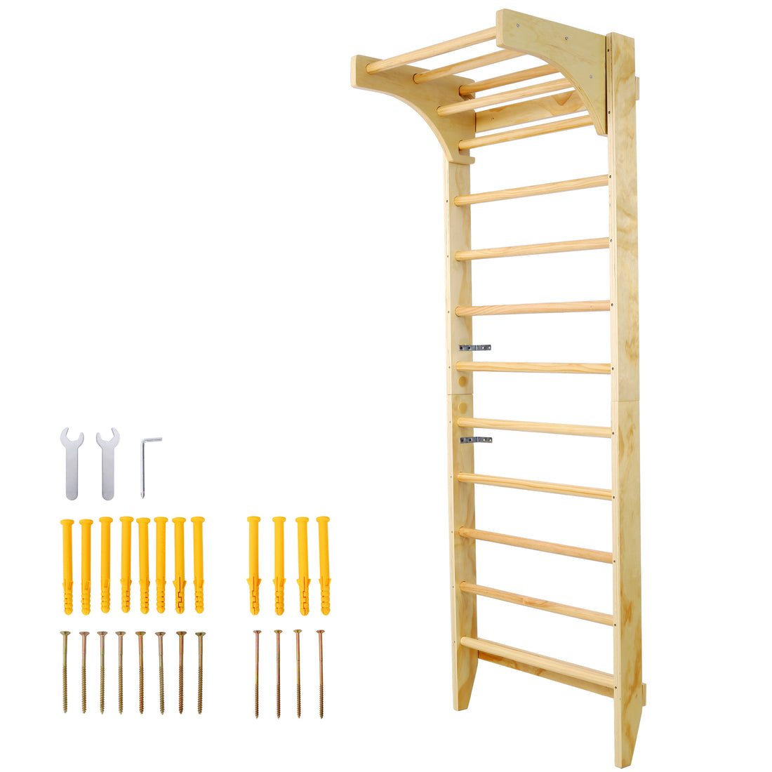 Wooden Swedish Ladder, Stall Bars Set For Physical Therapy & Gymnastics With Adjustable Pull Up Bar Natural Wood