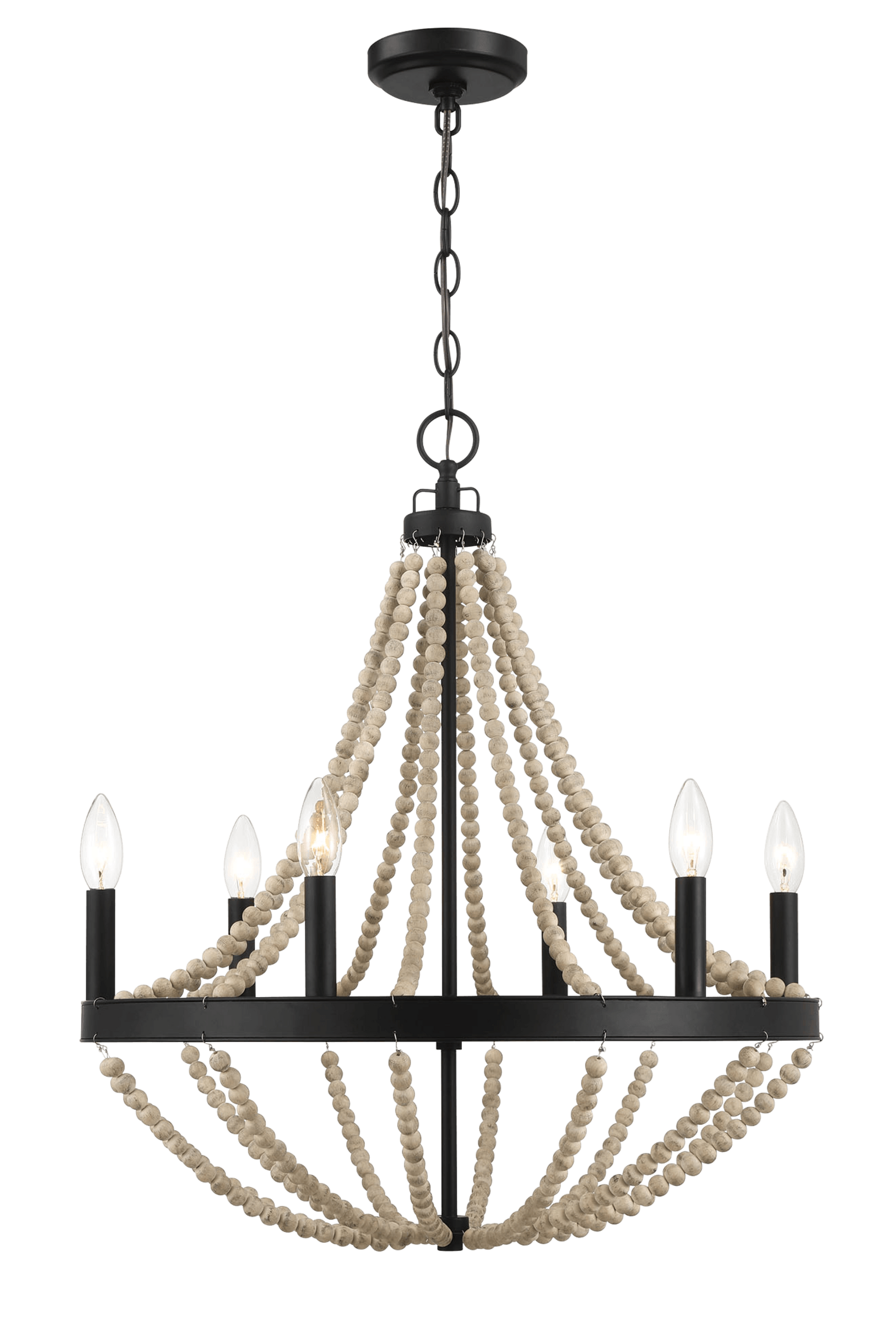 Starry Wood Chandelier Farmhouse Six Candle Light Wood Beaded Black Pendant Light For Dining Room Black,Wood Ceiling Lights Glass,Metal,Wood