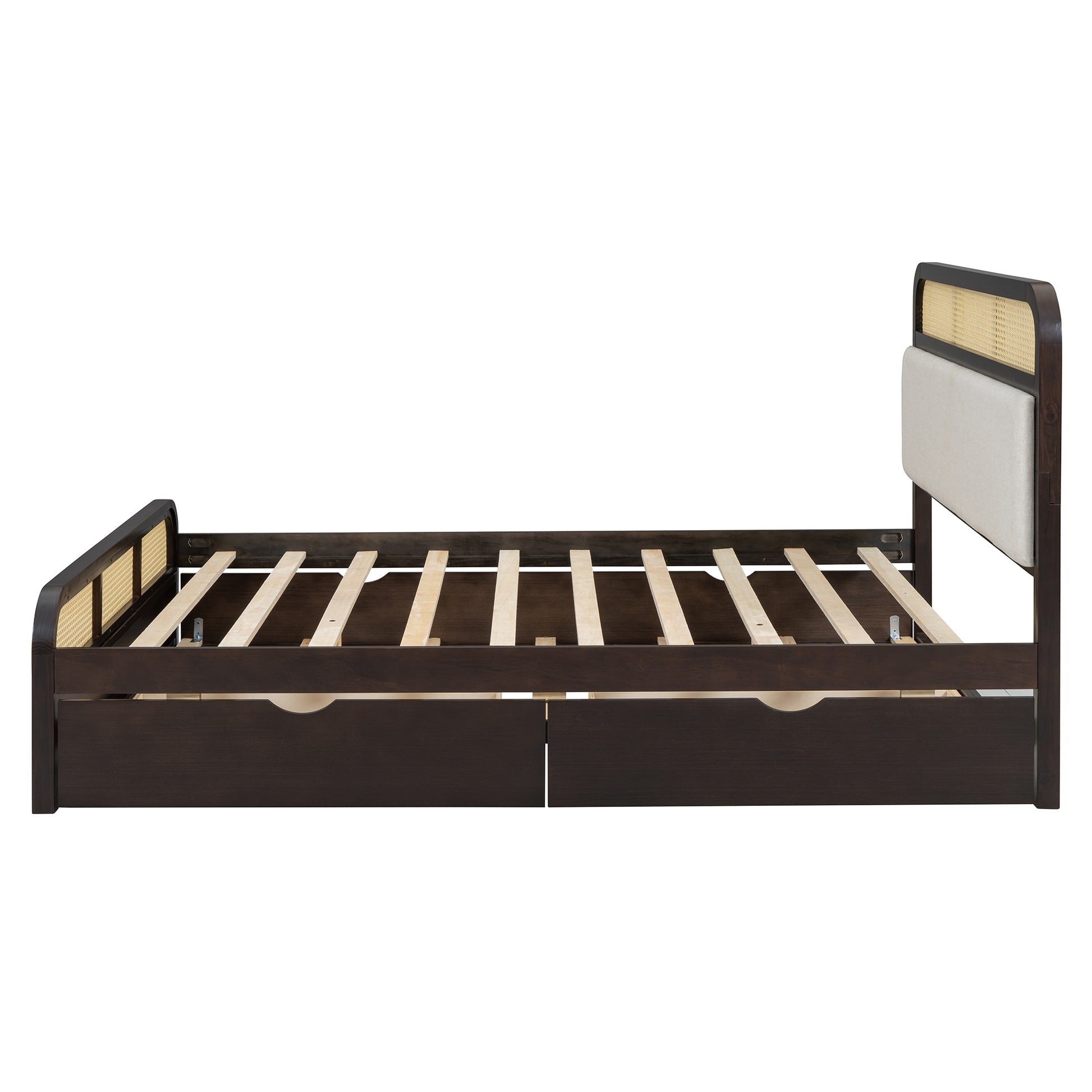 Queen Size Wooden Platform Bed With Trundle And 2 Drawers,Espresso Queen Espresso Solid Wood Mdf