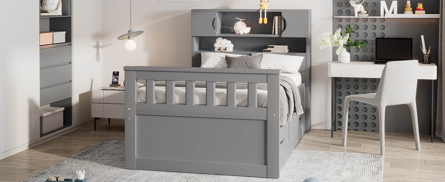 Twin Size Captain Platform Bed Frame With Storage Bookcases And Shelves,Four Drawers, Gray Twin Gray Solid Wood Mdf