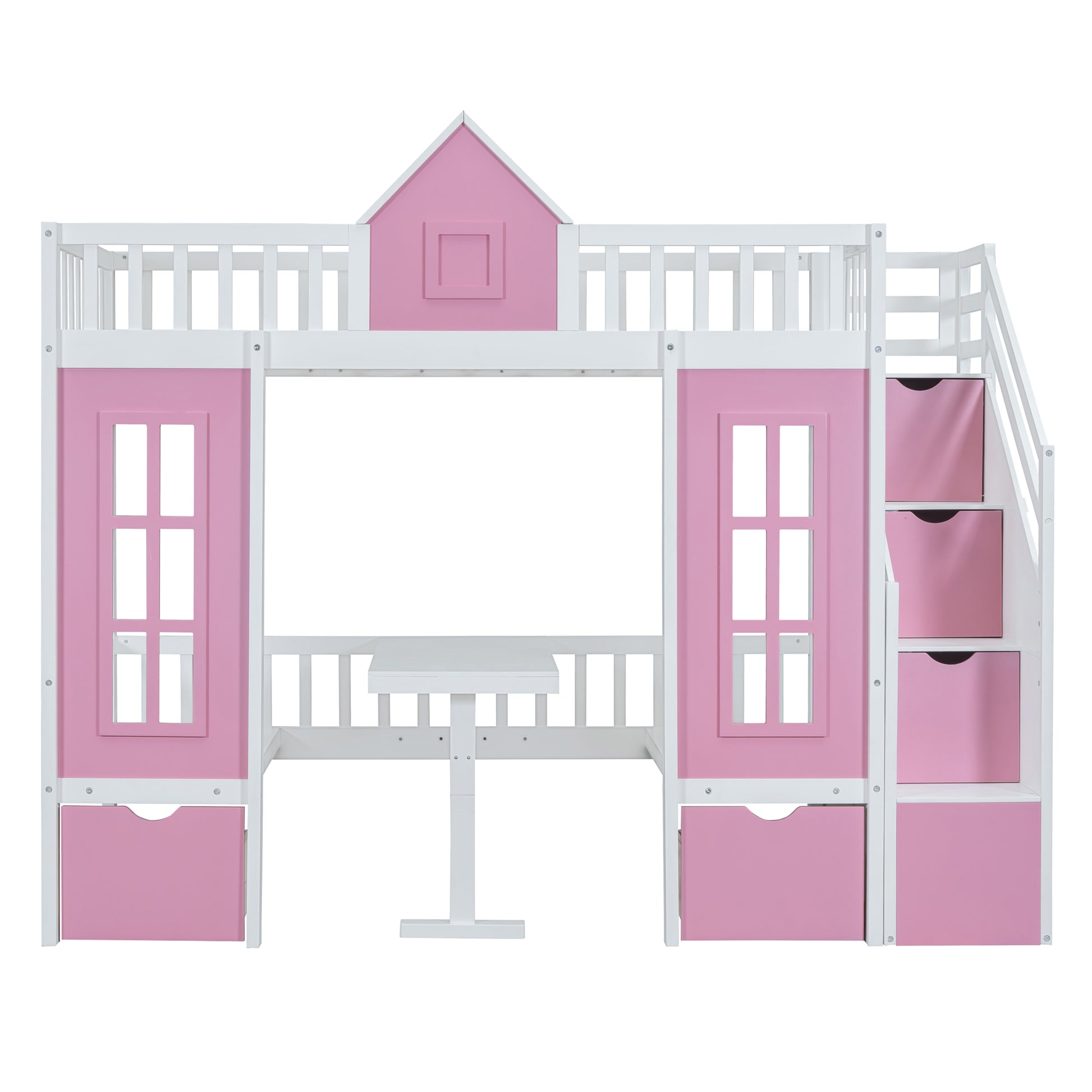 Twin Over Twin Bunk Bed With Changeable Table, Bunk Bed Turn Into Upper Bed And Down Desk Pink Twin Pink Solid Wood