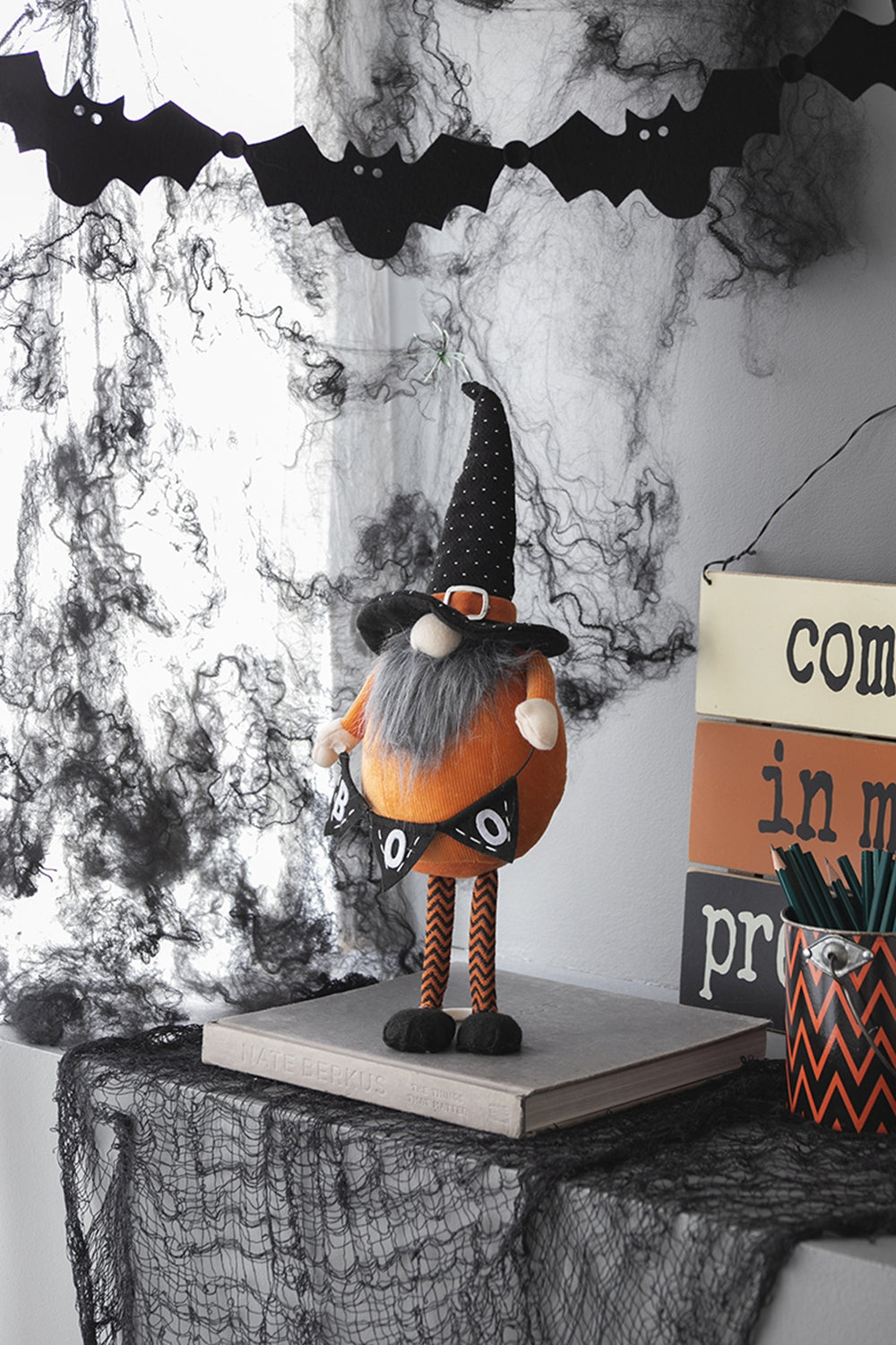 Set Of 2, 6.3X4.3X16" Fabric Standing Orange Gnome W Black Gnome & Holding Banner, For Halloween Decor Black,Orange,White Polyester