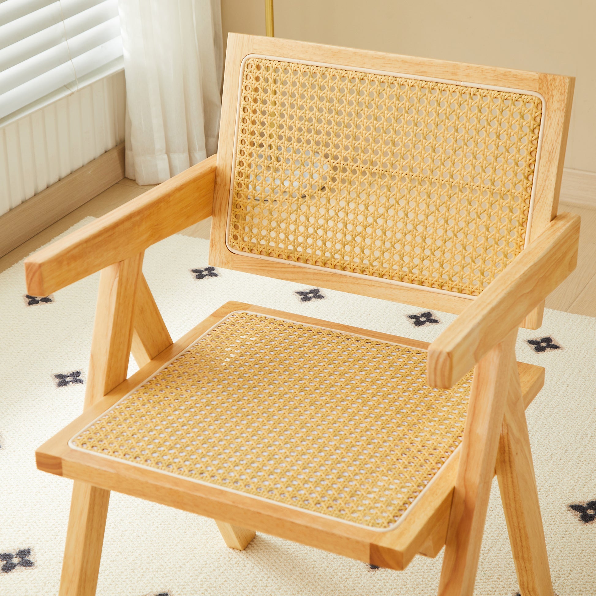 2 Dining Chairs, Natural Color, Rubber Wood Rattan Weaving Technology, Armrest Solid Wood Dining Chair, Living Room Chair, Simple And Natural Natural Rubber Wood