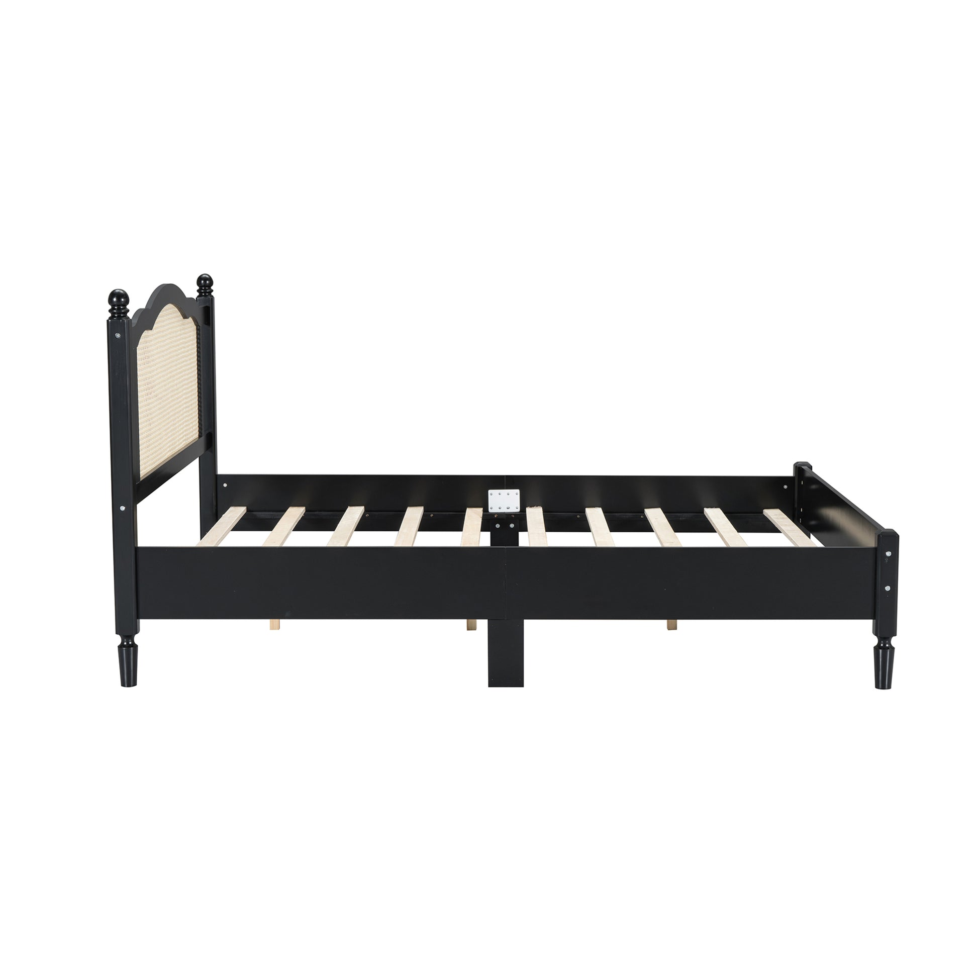 Queen Size Wooden Platform Bed With Natural Rattan Headboard, Vintage Bed Frame With Wooden Slat Support, Black Expected Arrival Time: 08.23 Box Spring Not Required Queen Black Wood