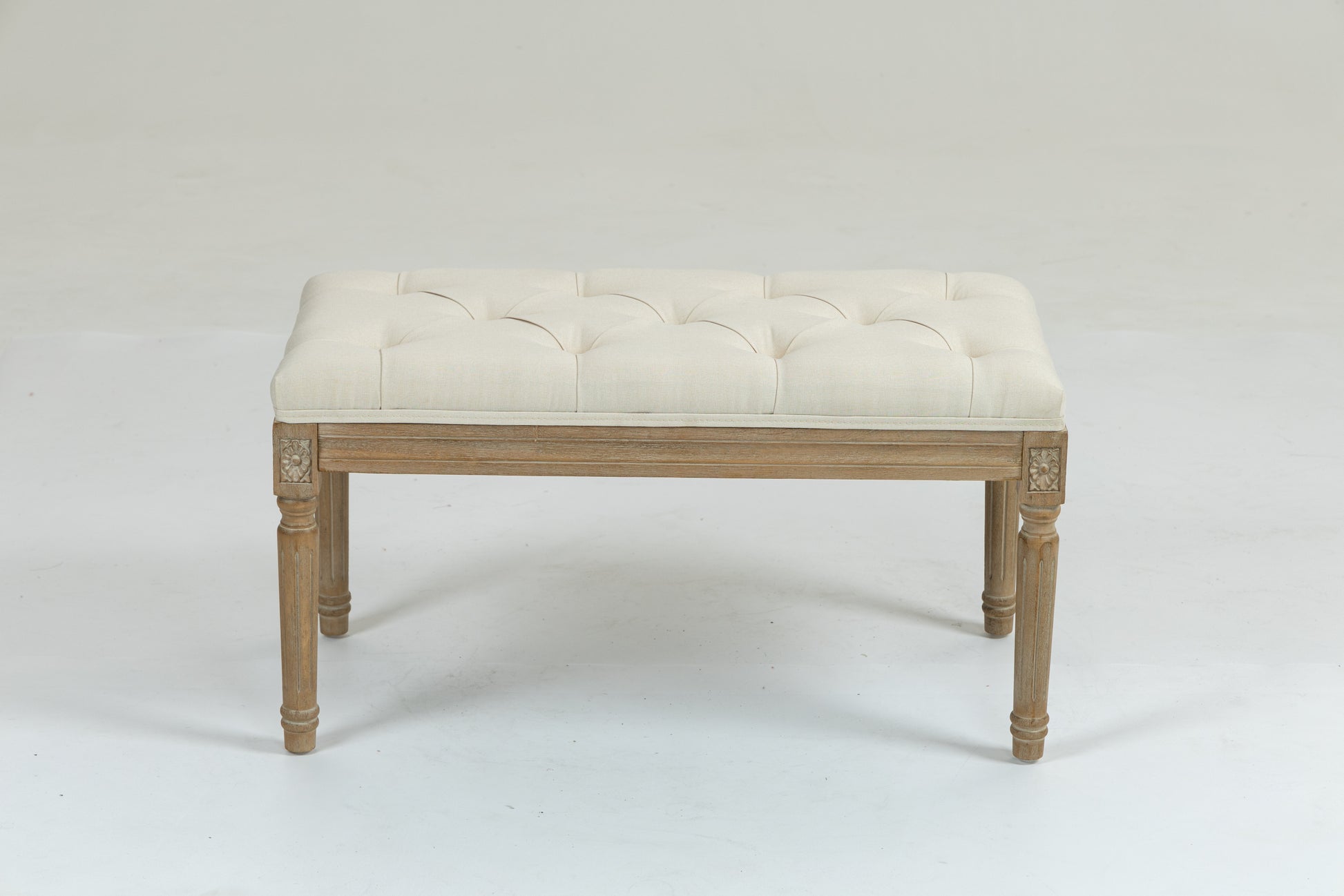 Traditional Rectangle Tufted Ottoman Bench In Beige Linen Look Fabric, For The Living Room And Bedroom Beige Rubber Wood