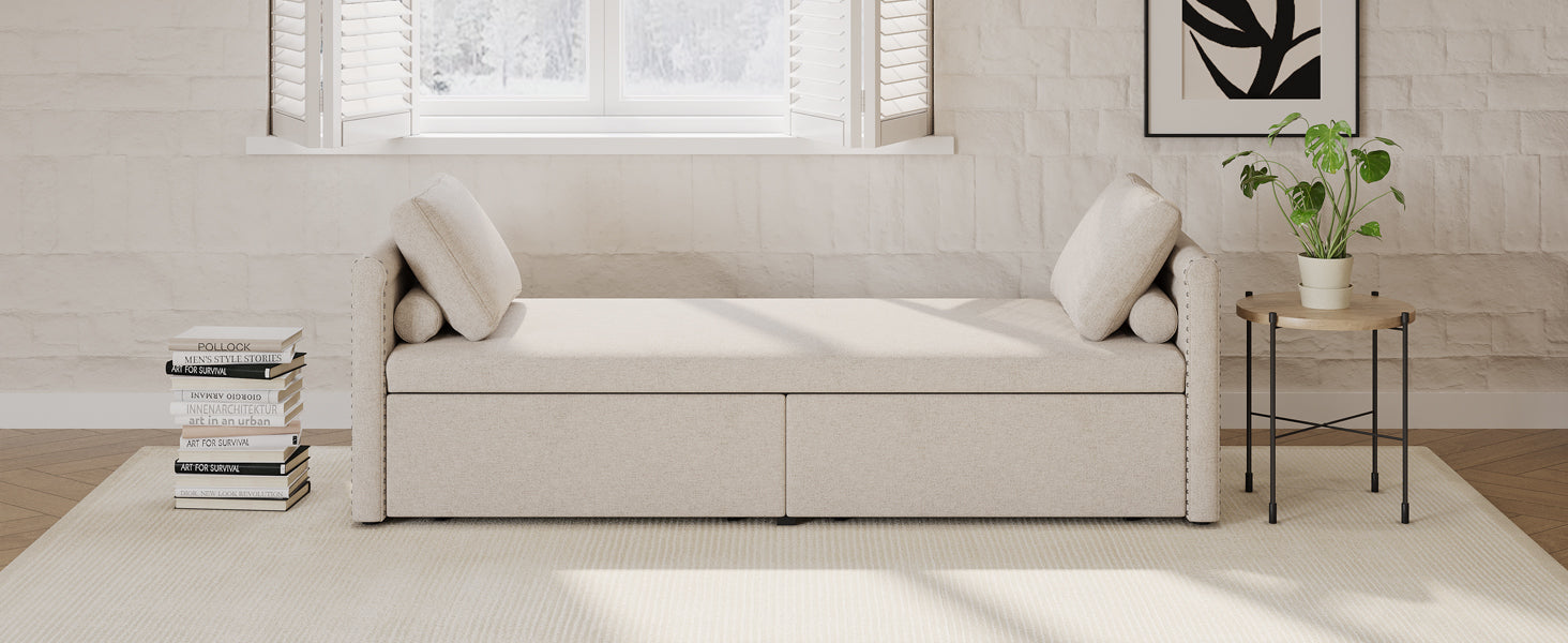 Modern Upholstered Chaise Lounger Daybed Small Single Daybed With 2 Drawers, No Mattress Needed, Perfect For Living Rooms & Home Office, Linen Fabric, Beige Beige Linen