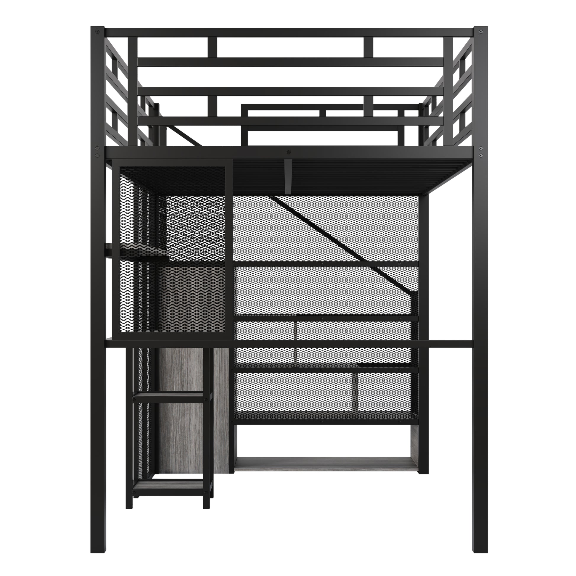 Full Size Metal Loft Bed With Wardrobe, Desk, Storage Shelves, Black Expected Arrival Time: 10.3 Box Spring Not Required Full Black Metal Mdf Metal