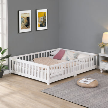 Queen Size Floor Bed With Door,Solid Wood Platform Bed Frame With Fence,Suitable For Children,Pine Wood,White Queen White Wood