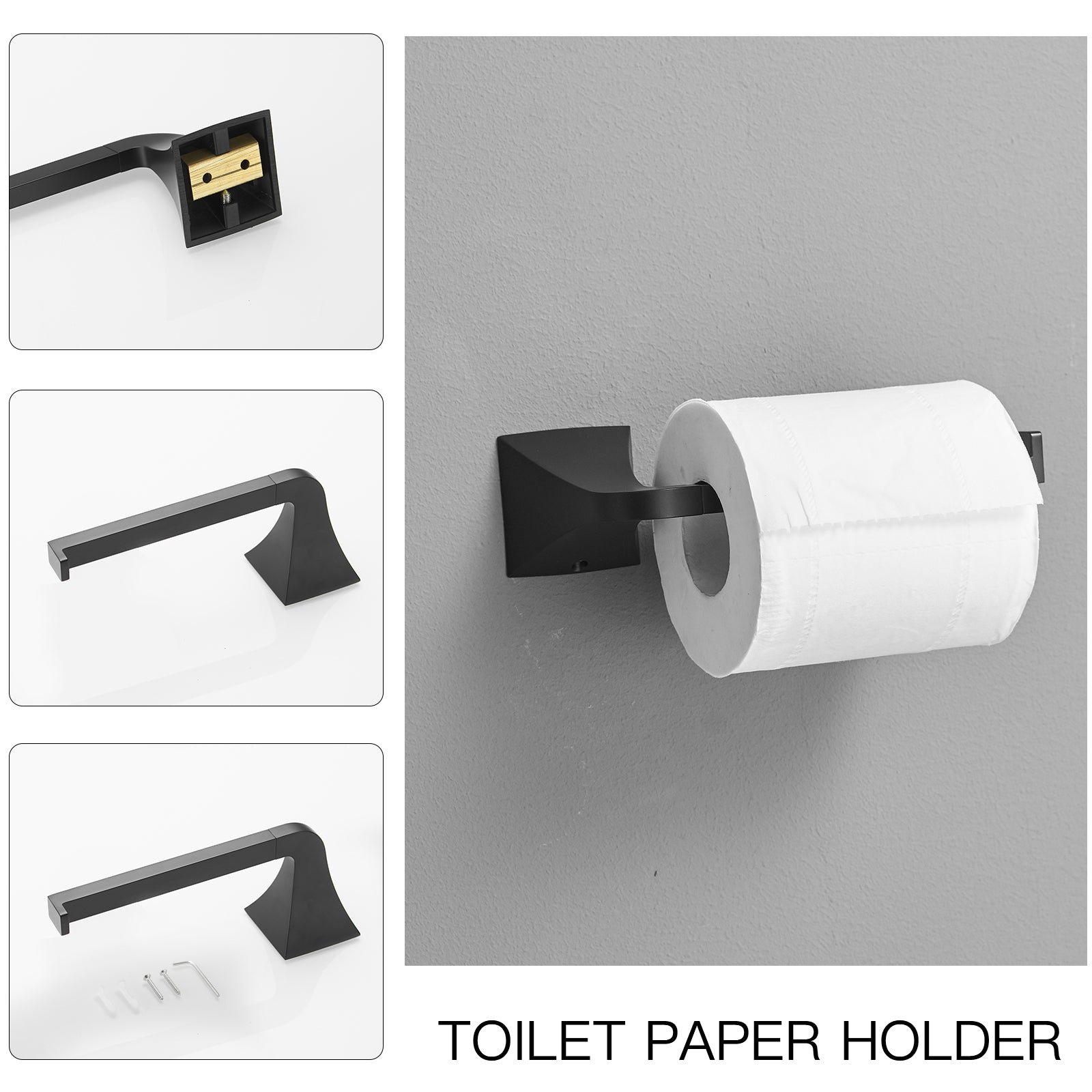 4 Piece Matte Black Bathroom Set Towel Ring, Toilet Paper Holder, Towel Hook, And 24" Towel Bar Matte Black Stainless Steel