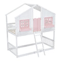 Twin Over Twin House Bunk Bed With Roofwindow, Window Box, Doorwith Safety Guardrails And Ladder, Pink White Twin Pink White Pine