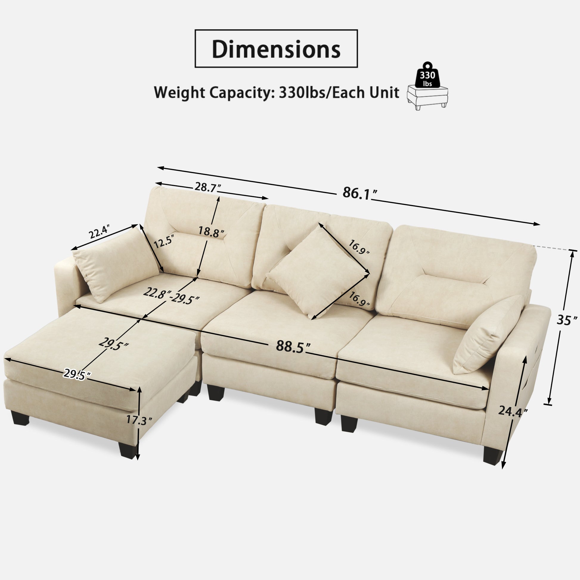 Oversized 86.1'' L Shaped Modular Sectional Couches With Usb Ports, Ottoman, Lumbar Pillows Beige Velvet Wood Primary Living Space Medium Soft Cushion Back Extra Heavy Duty Foam Foam Spring 5 Seat