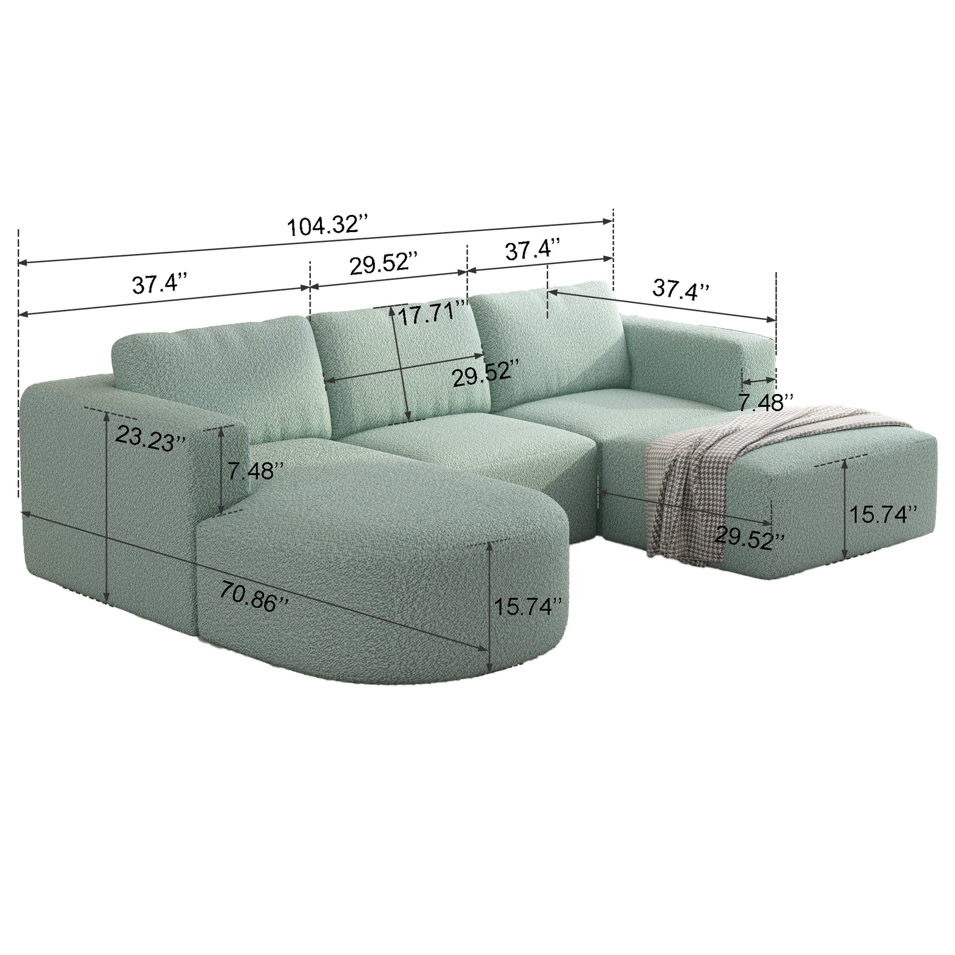 104.32*70.86 Modular Sectional Sofa Sleeper Couch, Sectional Sofa With Chaise And Ottoman, Convertible U Shaped Modular Sofa Set. Compressed Spon, Light Green Combo A B C D Light Green Primary Living Space Soft Minimalist,Modern Foam Spring 5 Seat