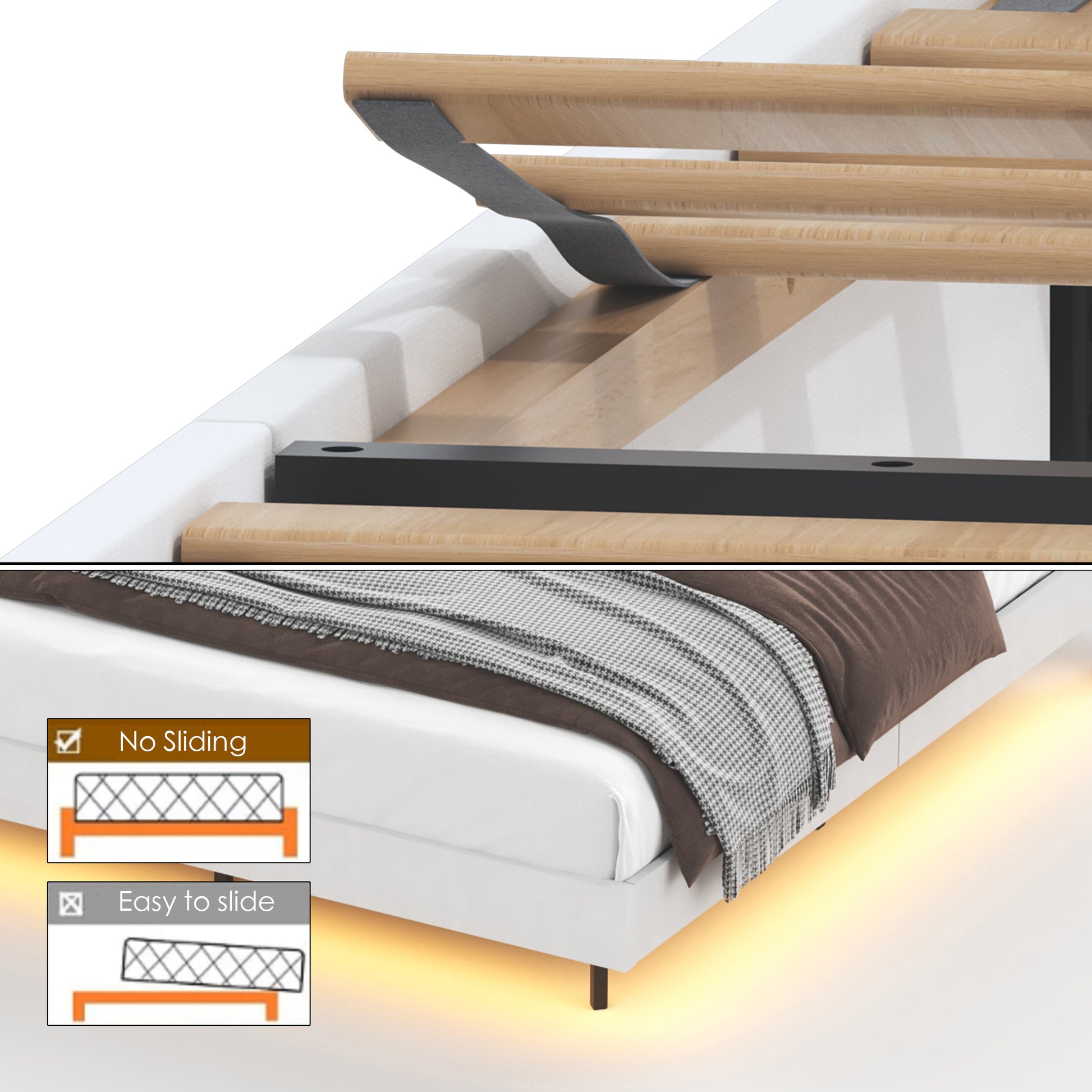 King Floating Bed Frame With Led Light And Charging Station Upholstered Platform Bed Frame King Size With Headboard And Hidden Storage Space, No Box Spring Needed, Beige Box Spring Not Required King