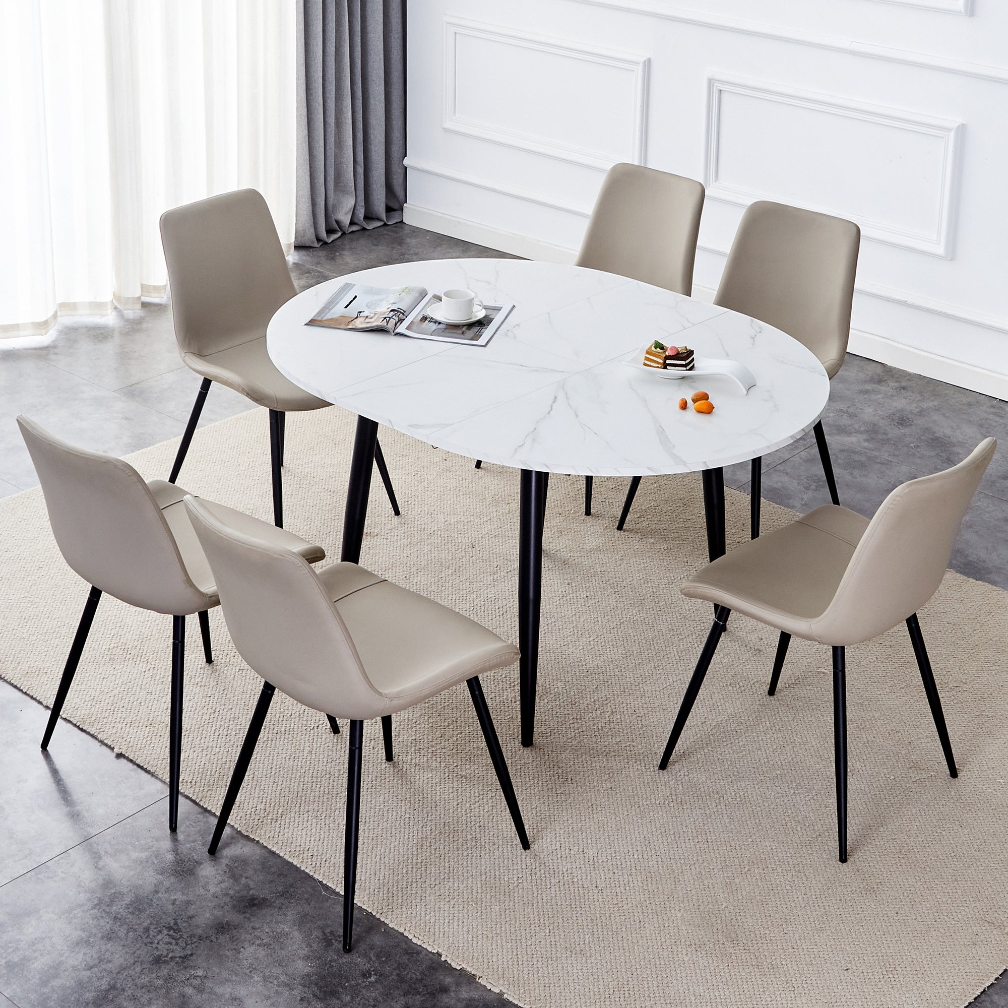 Table And Chair Set.Modern Extendable Mdf Dining Table.The Table Has A Telescopic Design, Suitable For Gatherings Of Different Size.Paired With 6 Chairs With Pu Cushions And Black Metal Legs. White Black Seats 6 Mdf Metal