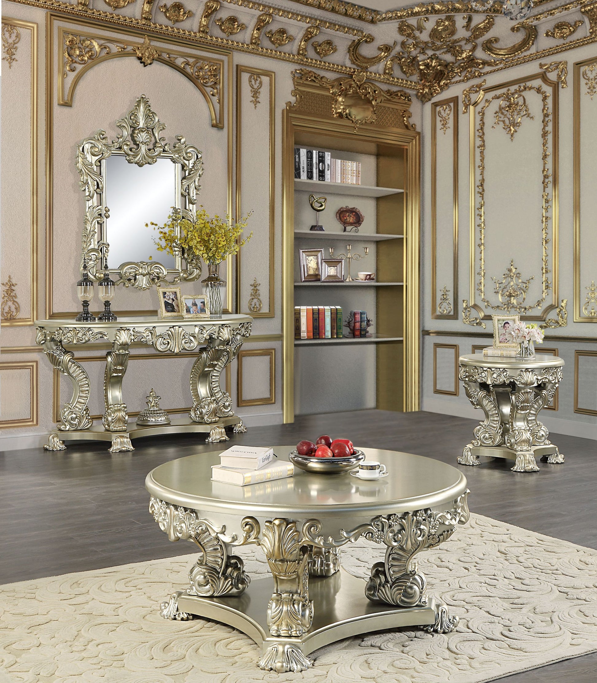 Antique Gold End Table With Floral Legs Antique Gold Primary Living Space Round Wood Plastic Pedestal