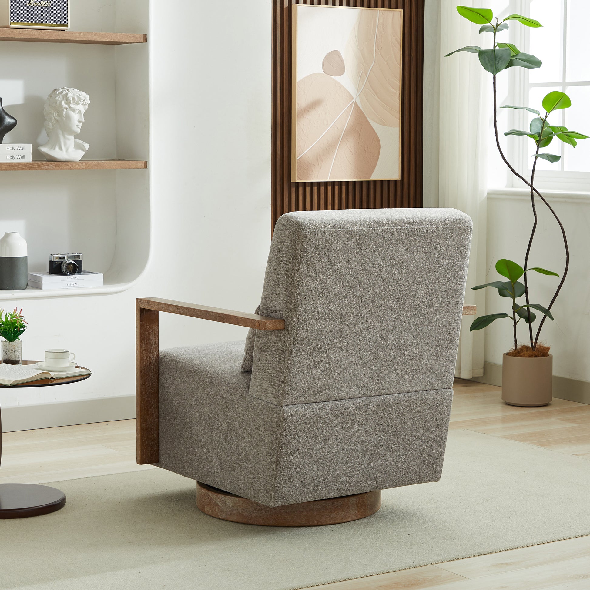 30.3"W Swivel Modern Upholstered Accent Chair With Solid Wood Armrests And 360 Degree Comfy Lounge Reading Chair, Side Armchair For Hotel, Bedroom, Living Room, Office, And Nursery Room. Gray Gray Linen Blend
