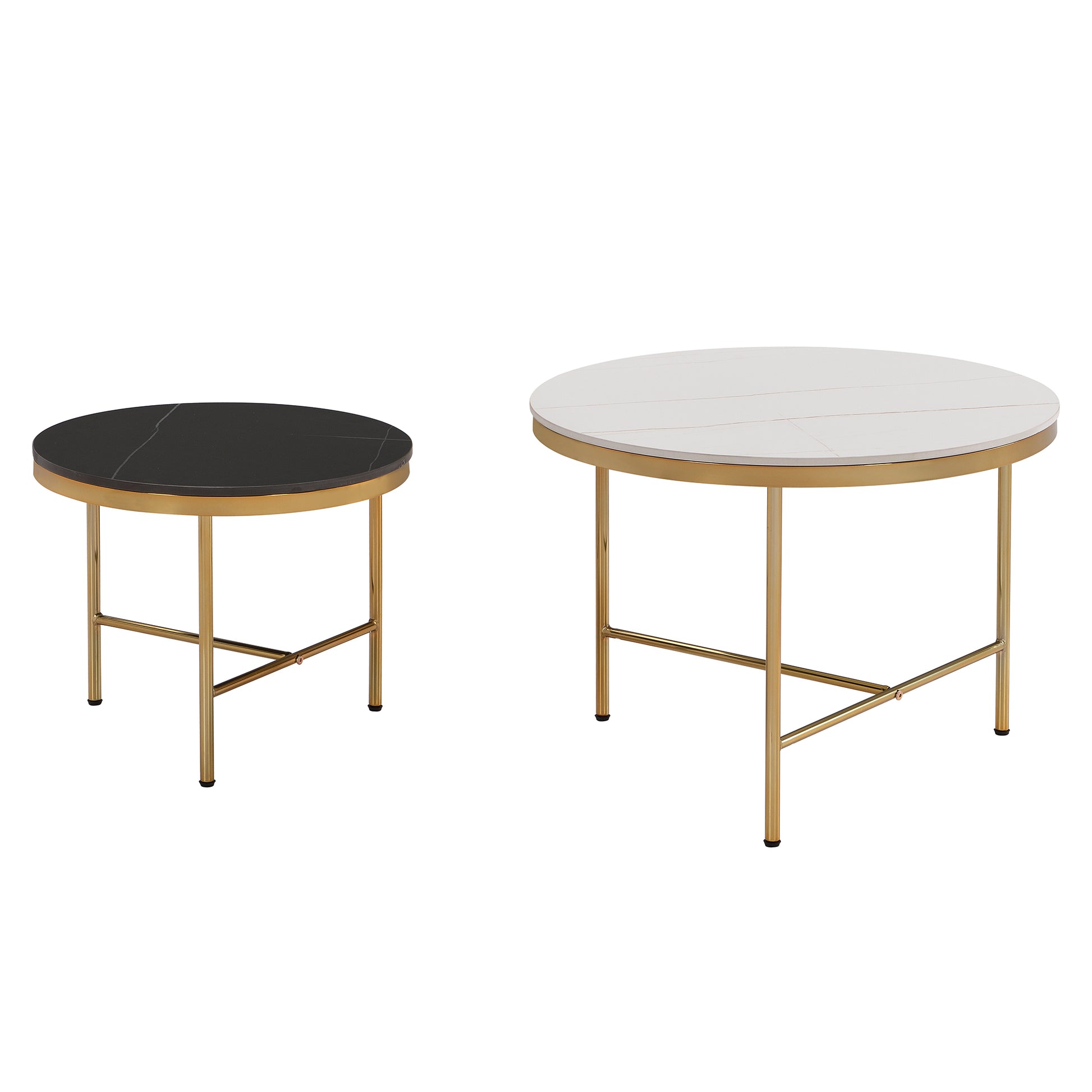 Modern Round Nesting Coffee Table Set 2 Piece Black & White Sintered Stone Top Gold Base In 23.6''&17.7'' Black White Coffee & End Tables Round Metal Sintered Stone T Shape