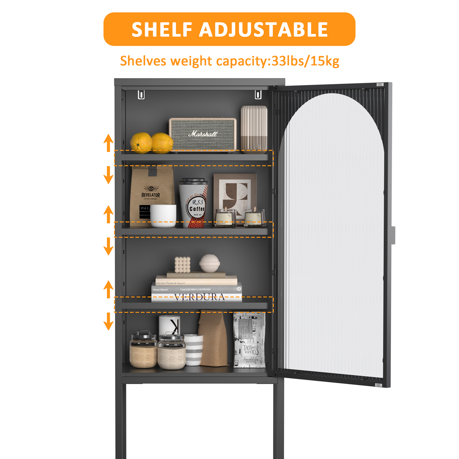 Metal Glass Door Display Storage Cabinet 5 Tier Cube Bookshelf Storage Cabinet With 3 Adjustable Shelves For Kitchen, Dining Room, Living Room, Bathroom, Home Office,Black Accent Chests 5 Or More Shelves Antique Black Primary Living Space Glass Doors