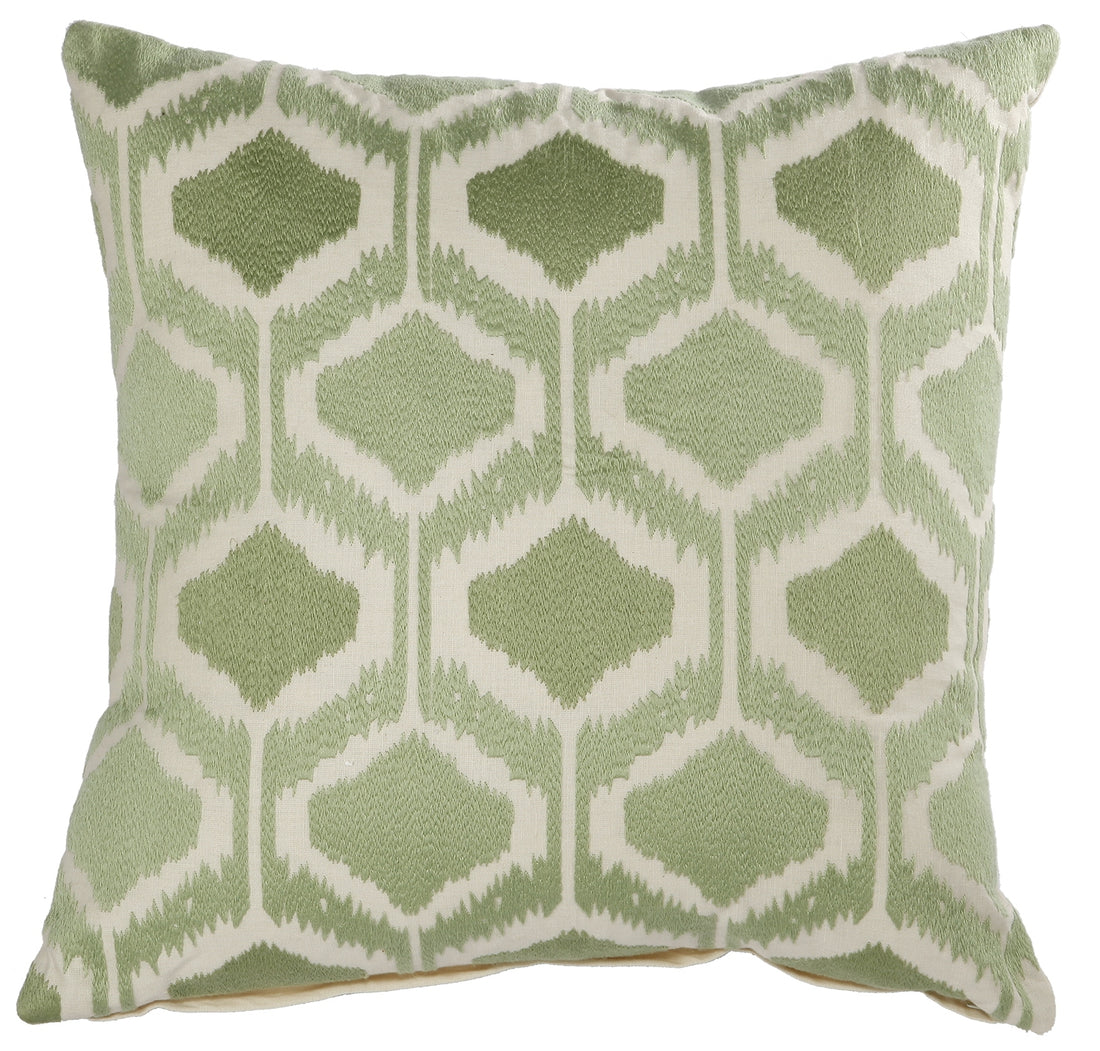 20 X 18 Inch Cotton Pillow With Fretwork Embroidery, Green And White White Green Polyester Blend