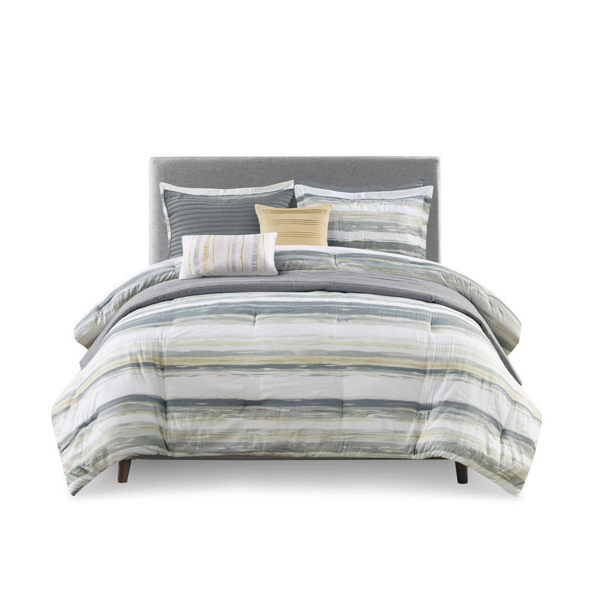 8 Piece Printed Seersucker Comforter And Quilt Set Collection Yellow Full Queen Full Yellow Polyester
