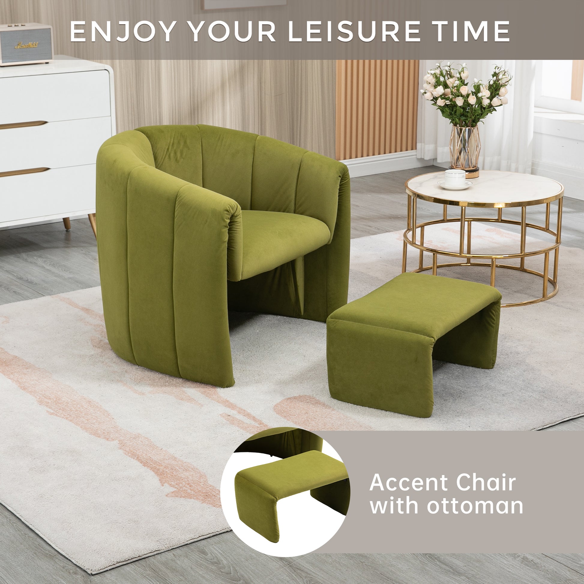 Coolmore Accent Chair With Ottoman, Mid Century Modern Barrel Chair Upholstered Club Tub Round Arms Chair For Living Room Bedroom Office Olive Green Velvet Olive Green Foam Velvet