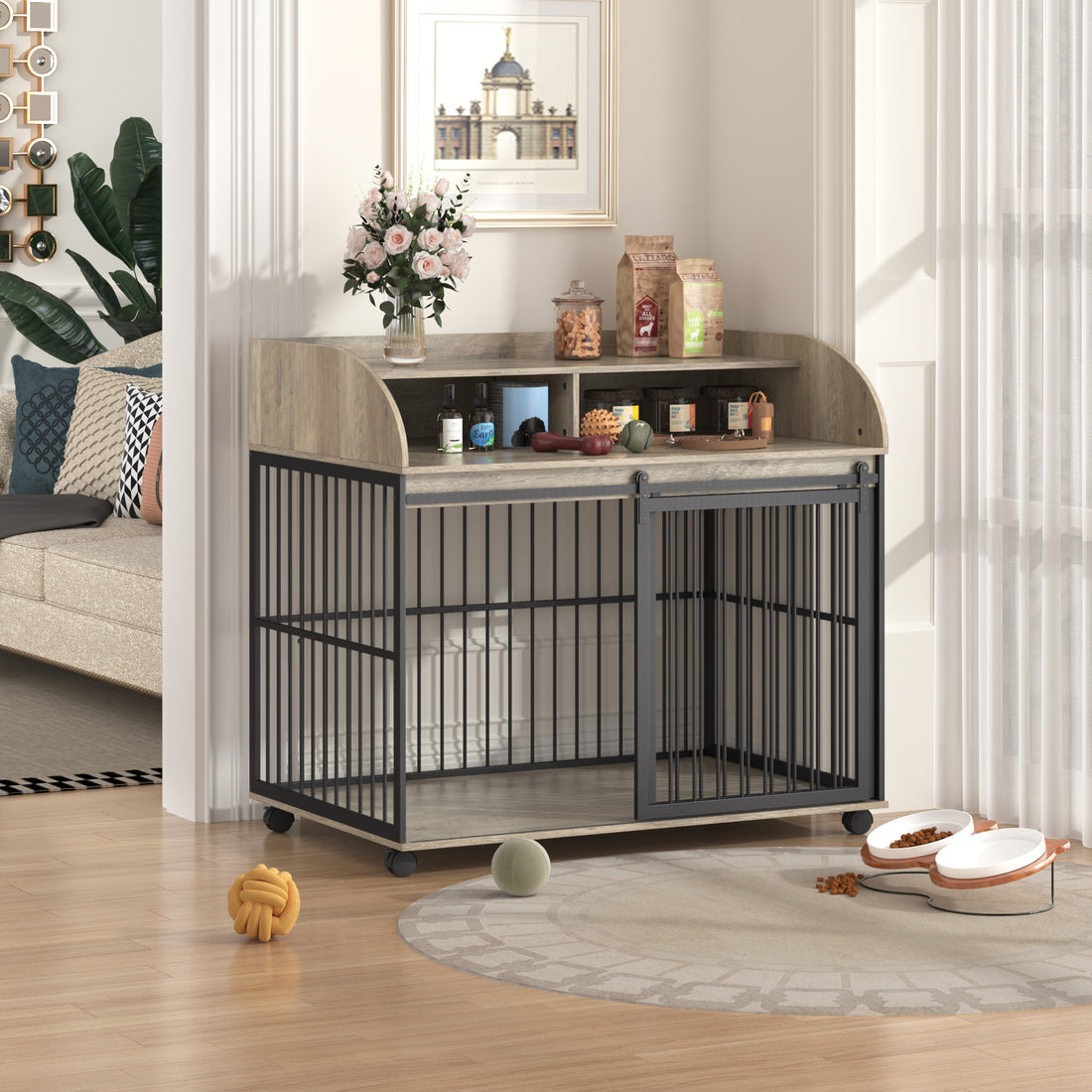 44'' Heavy Duty Large Dog Crate Furniture For Large Medium Dog With Lockable Wheels, Wooden Dog Crate Dog Kennel, End Table Crate With Double Layer Storage, Gray Gray Dog Engineered Wood