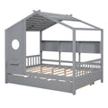 Wooden Full Size House Bed With Trundle, Modern Design For Kids With Storage Shlef, Gray Full Gray Solid Wood